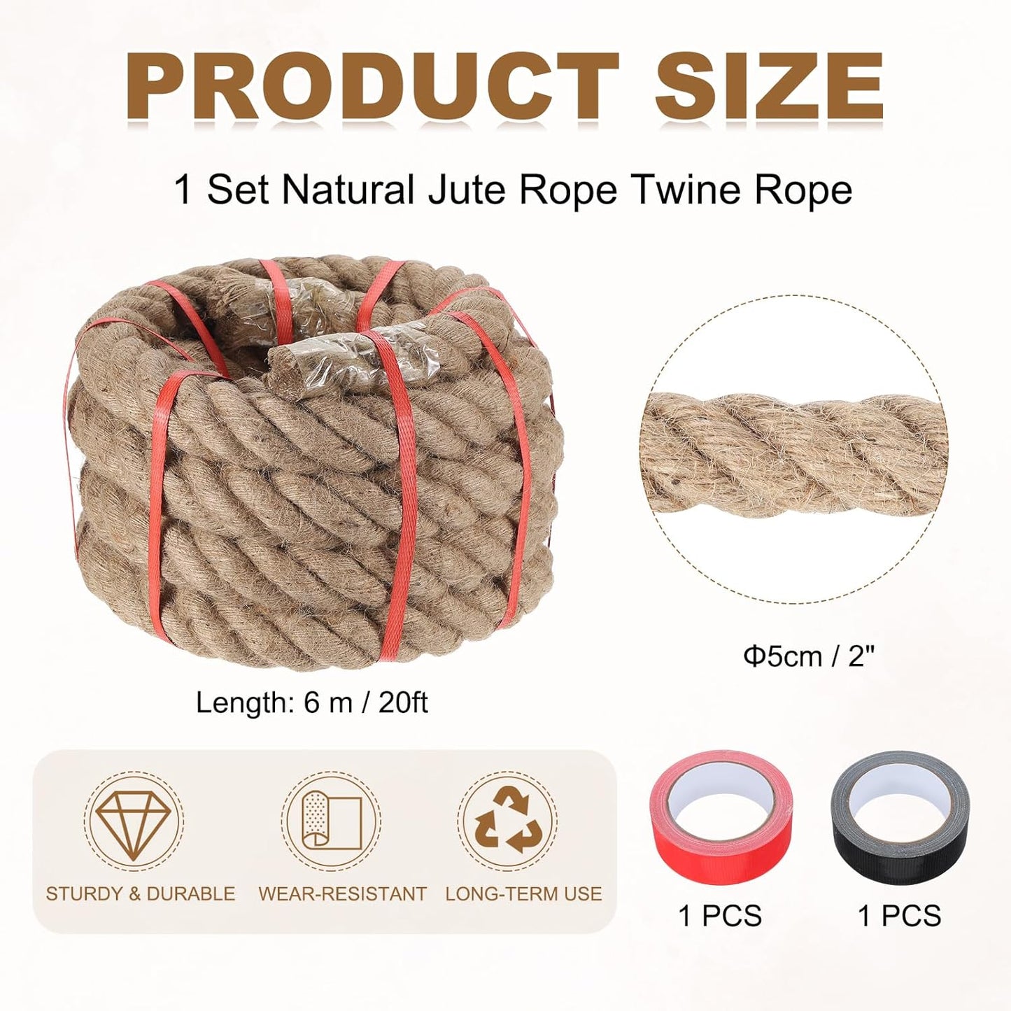 MECCANIXITY Jute Rope 2 Inch x 20ft, Thick Twine Rope Ropes Braided Jute Twine Natural Brown Burlap Cord String Heavy Twisted with Tapes for Decorative Crafts Railing Swing Tug of War