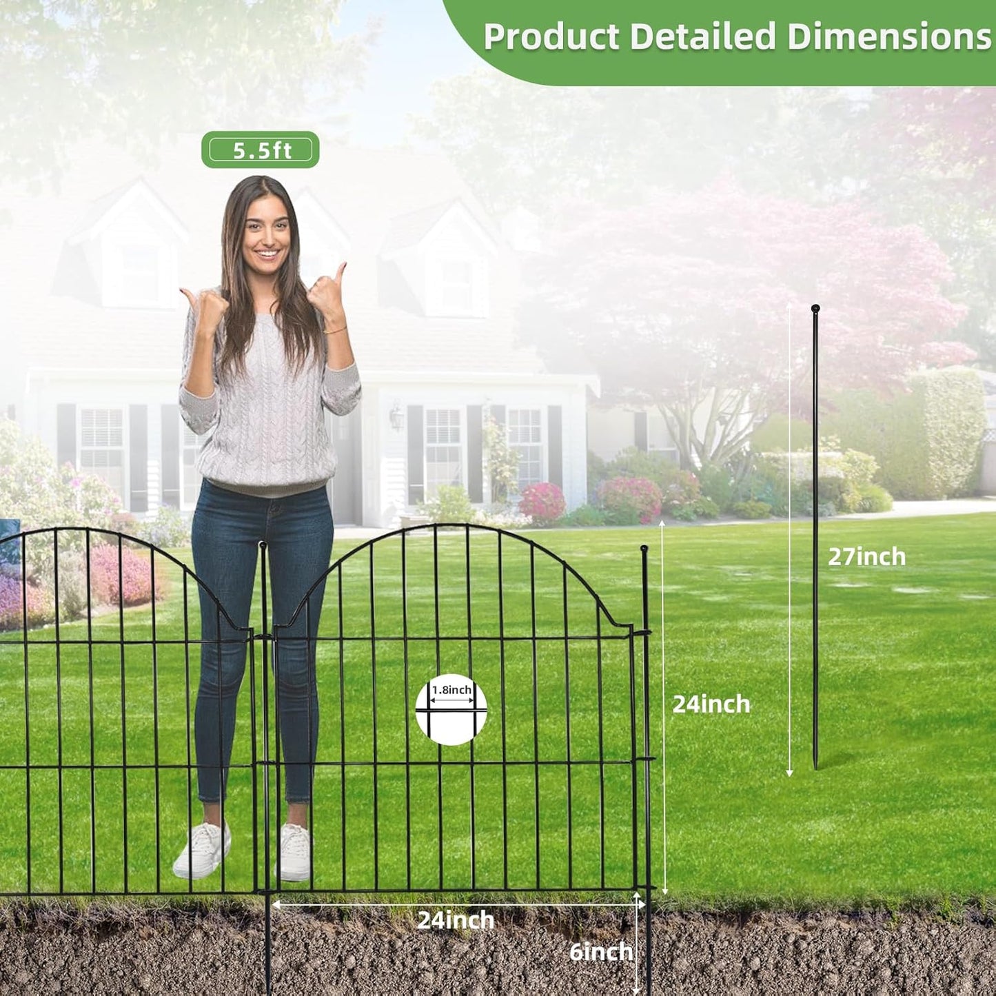 Decorative Metal Garden Fence 10 Panels, 24in (H) x 20ft (L) No Dig Dog Fence Outdoor for Yard, Temporary Rustproof Metal Wire Rabbit Dog Garden Border Fencing for Patio