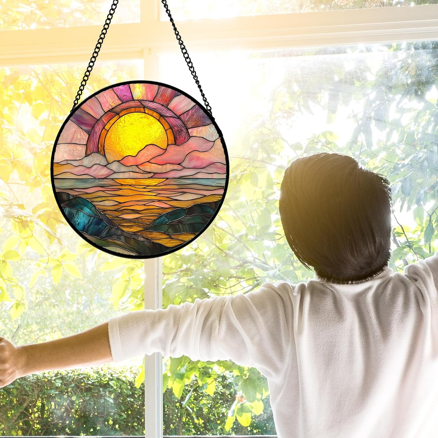 Stained Glass Window Hanging, Sunrise Over The Sea Suncatcher Diamond Glass Panel Hangings Abstract Sun Catchers Decor for Birthday for Women, Men, Wife, Aunt, and Mom 7.8 in