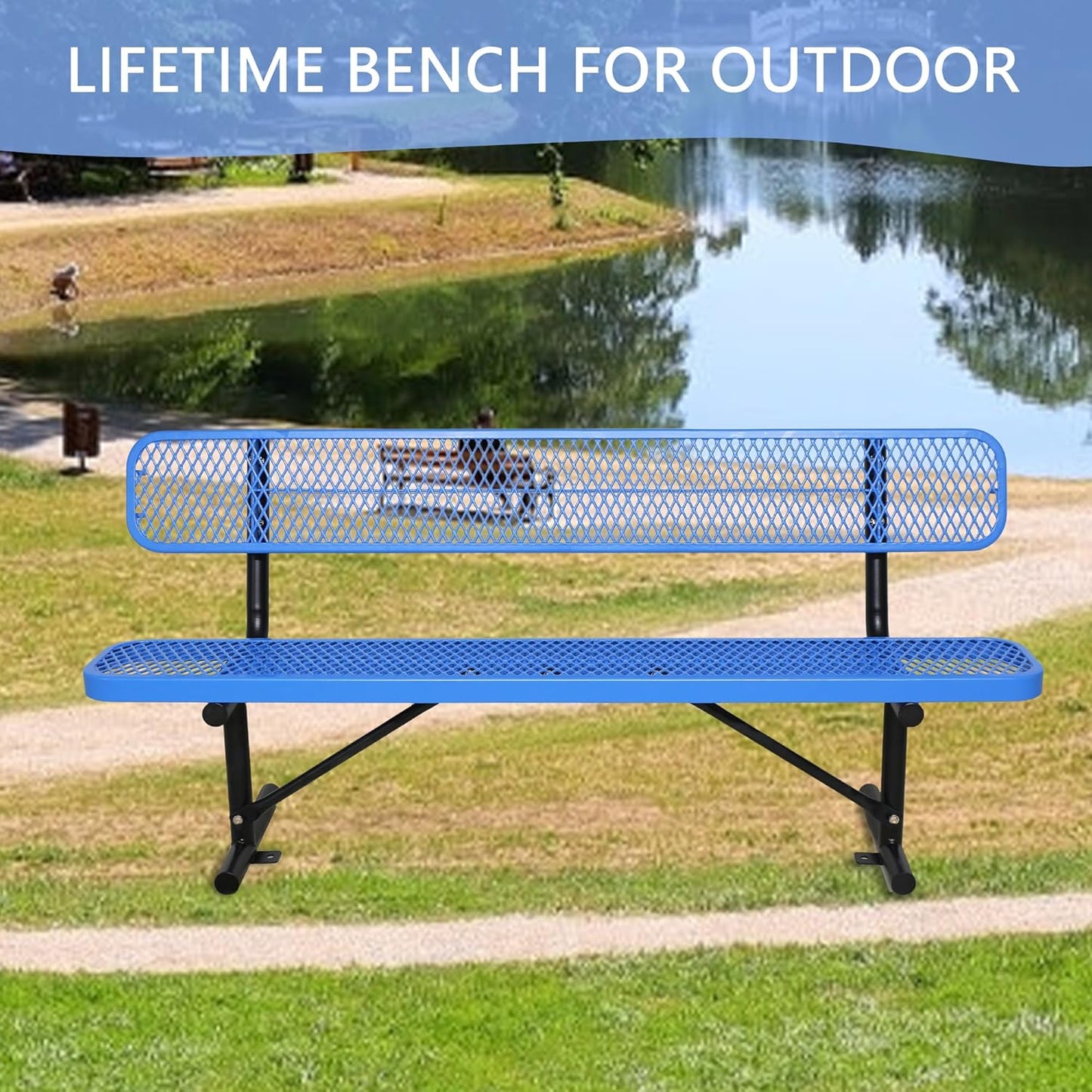 4/6/8 Feet Park Bench for Outside Heavy Duty Metal, Garden Benches Outdoor Bench with Backrest & Portable Frame, for Shopping Malls Stores Parks Patios Decks, Blue