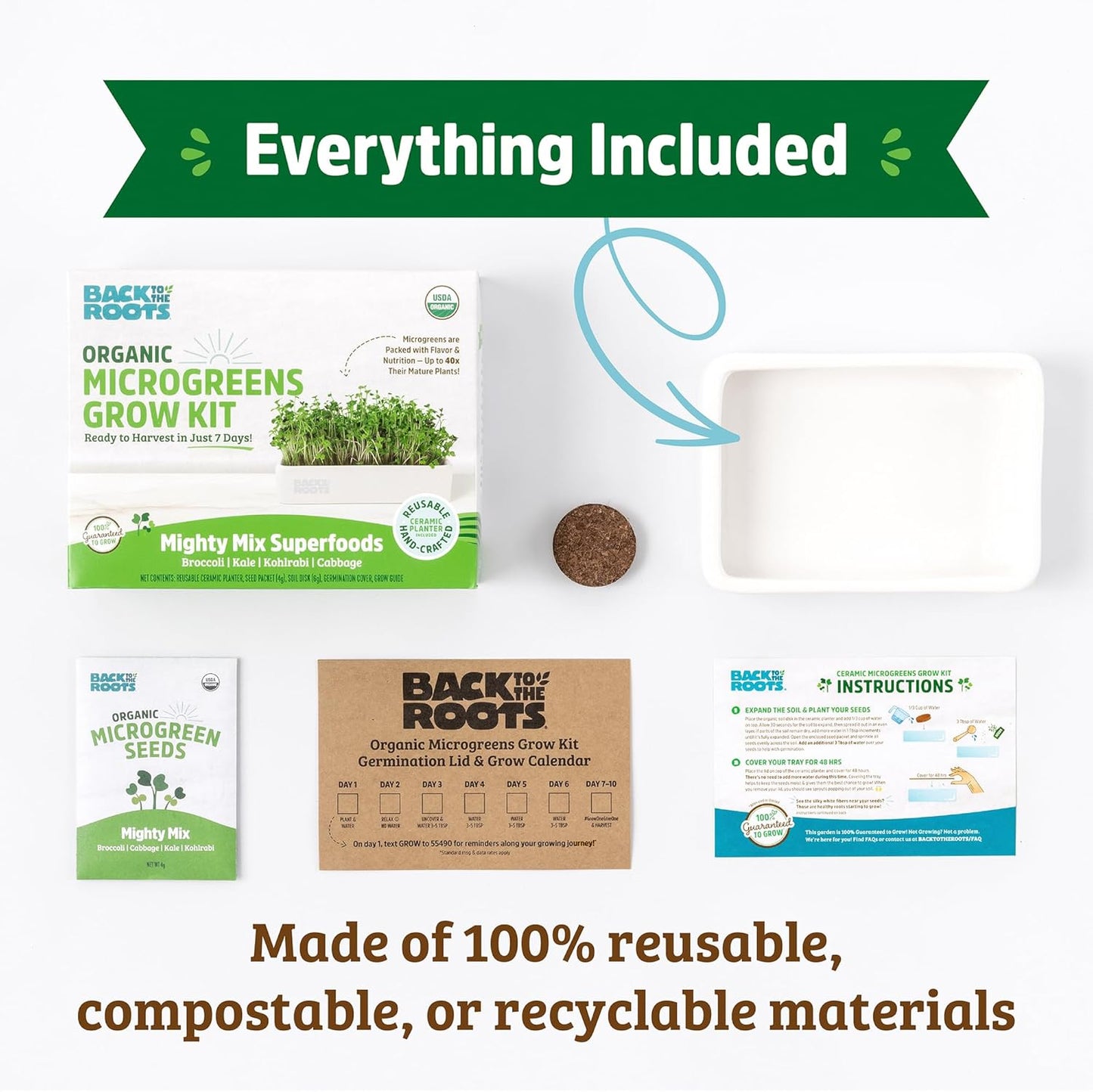 Back to the Roots Organic Microgreens Grow Kit with Ceramic Planter, Expandable Soil, Organic Seeds, and Germination Lid