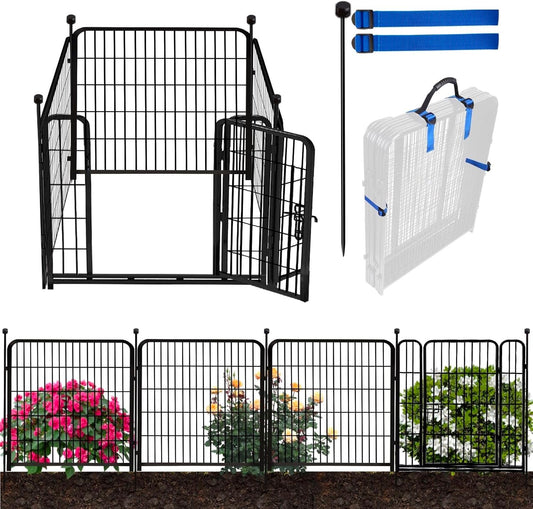 ADAVIN 48 in(H) Garden Fence, Low Threshold Door, Yard Fence for Dogs, 4 Panels Total 8.9 Ft(L) Garden Fencing Animal Barrier, Black Iron Metal Heavy Duty Pet Fences,Dog Digging Fences Barrier