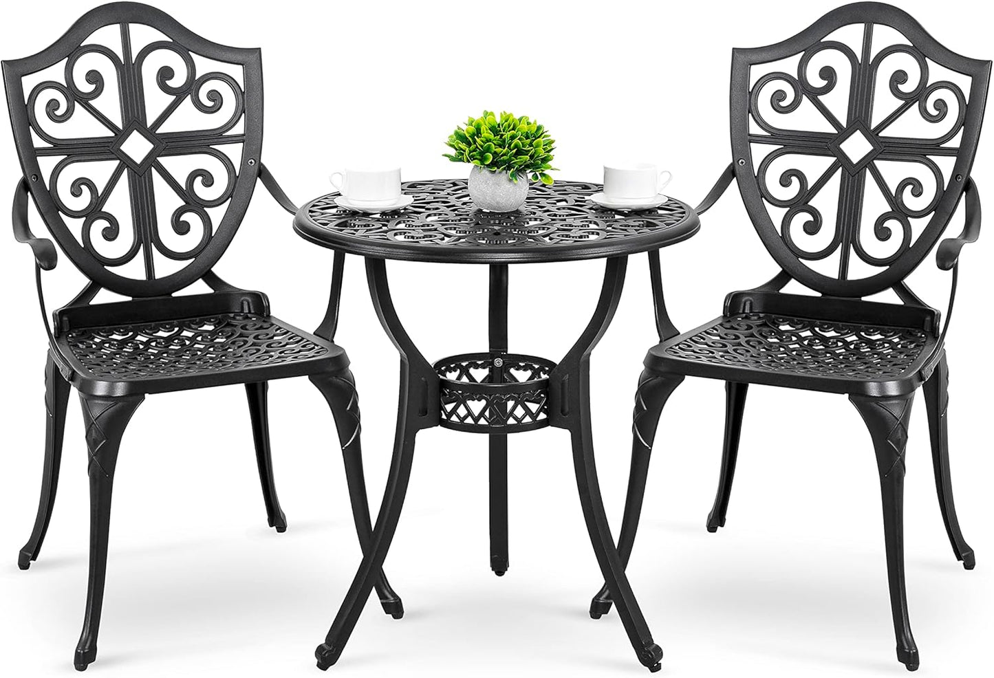Nuu Garden Bistro Set 3 Piece Outdoor, Cast Aluminum Patio Bistro Sets with Umbrella Hole, Bistro Table and Chairs Set of 2 for Patio Backyard