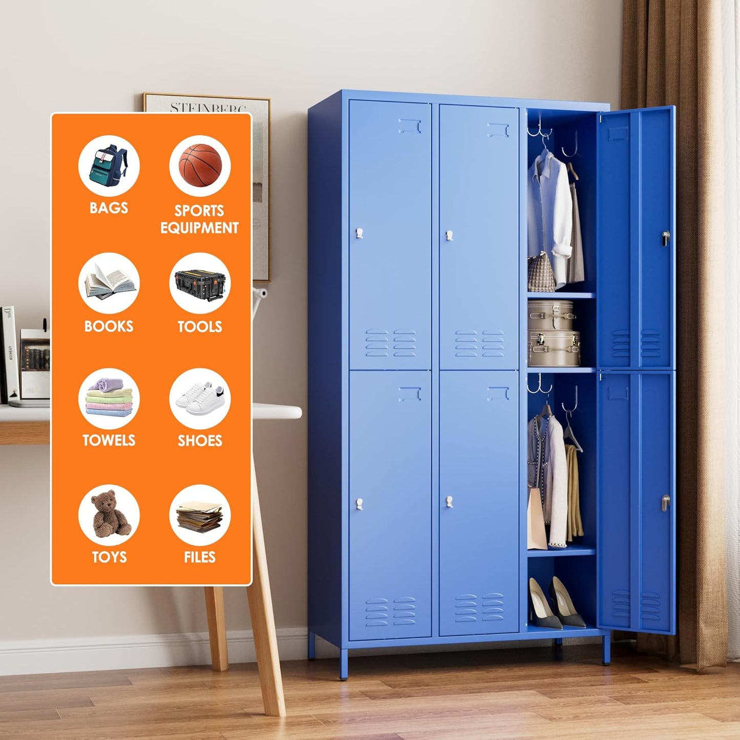 6 Doors Metal Lockers for Employees with 6 Shelves and 18 Hooks, Storage Locker with Business Card Holder for Office Gym School Bedroom, Assembly Required, Blue