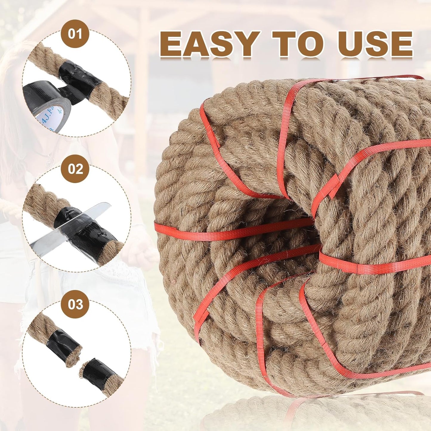 MECCANIXITY Jute Rope 1.5 Inch x 98ft, Thick Twine Rope Ropes Braided Jute Twine Natural Brown Burlap Cord String Heavy Twisted with Tapes for Decorative Crafts Railing Swing Tug of War