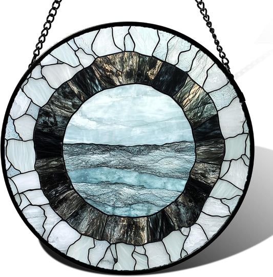 Stained Glass Window Hanging - Abstract Sea Surface Suncatcher for Doors Garden Patio Round Sun Catchers Decor Christmas Mother's Day Birthday Gifts for Women Men Mom Nana Friend 7.8 in