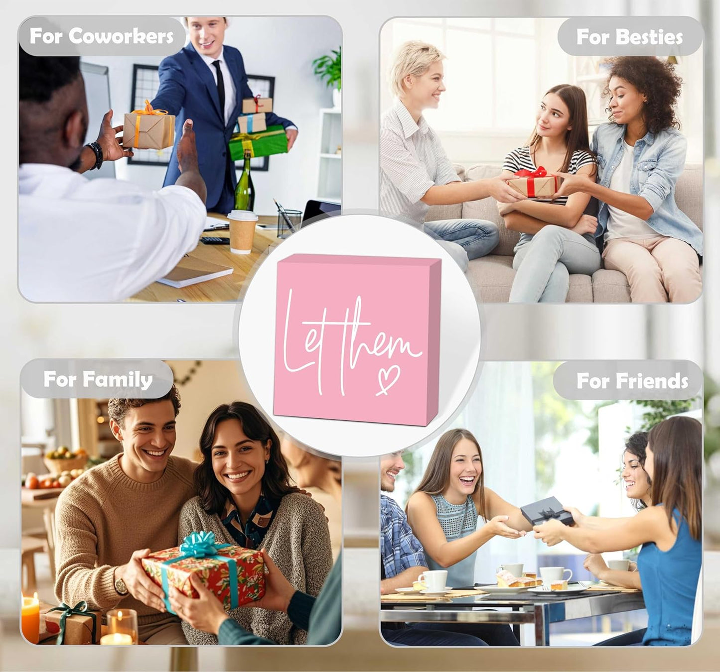 Let Them Wooden Sign, Pink Office Decorations for Work, Let Them Mental Health Rustic Wood Box Signs 5x5 Inch, Desk Shelf Tabletop Decor for Home Cubicle Decor, Office Gifts for Coworkers Women, 20