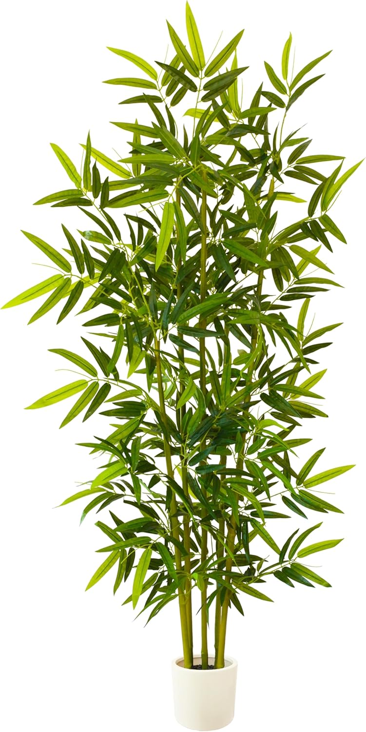 Artificial Bamboo Tree, 6ft Tall Fake Bamboo Plant with White Planter, Faux Trees with 5 Trunks and Lifelike Leaves for Indoor Outdoor Home Office Décor