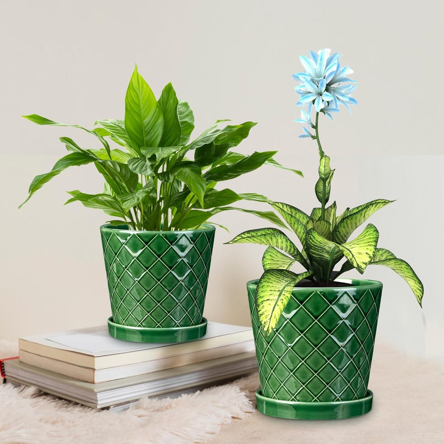 EFISPSS Ceramic Plant Pots, 4+5+6 Inch Pots for Indoor Plants, Flower Pots with Drainage Hole and Tray,Indoor/Outdoor Usage, Modern Style Garden Pots Set of 3 - Patina