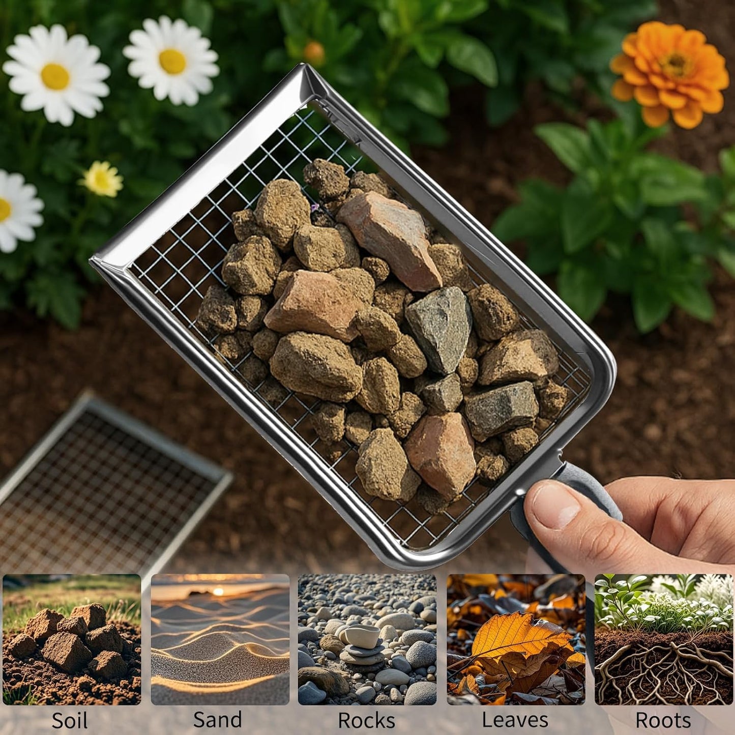 2 PCS 2-in-1 Gardening Soil Sifter Set with 2/2.8mm Mesh, Garden Sieve & Shovel Sifter Screen Potting Scoop for Sand, Dirt, Rock Compost, Stainless Steel & Ergonomic Handle