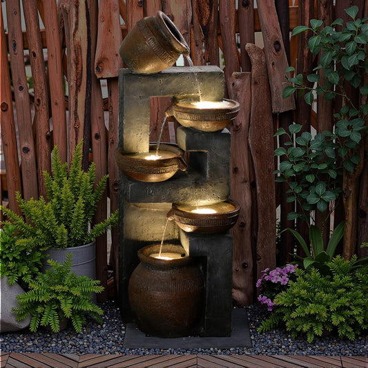 33.8" H Water Fountain Outdoor with LED Lights & Pump, 5-Tier Cascading Outdoor Fountain for Garden,Patio,Porch,Backyard,Home Art Decor (Brown)