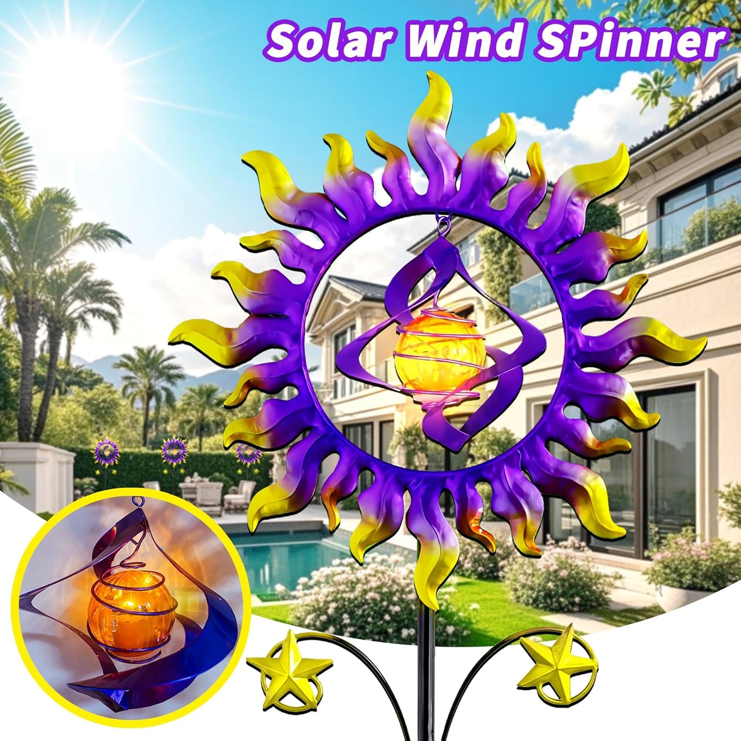 60 in Solar Wind Spinners for Yard and Garden, Sun and Stars Wind Sculptures Outdoor Clearance Kinetic Windmills with 360° Rotating Solar Lamp Ball for Patio, Lawn Xmas Garden Decor