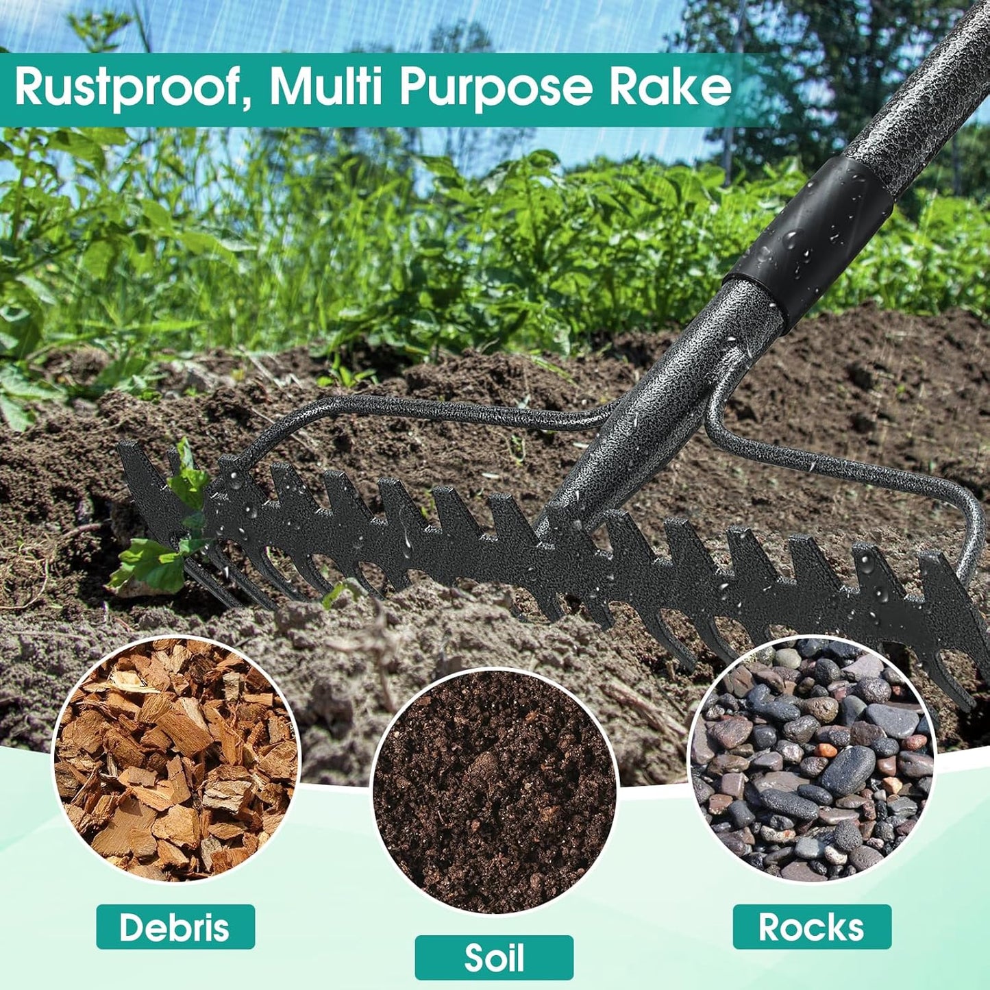 Garden Rake: 49" Metal Garden Leaf Rake with 17 Tines, Heavy Duty Bow Rakes for Lawn Yard Leaves Debris Mulch Gravel Thatch Clean,Lawn Care Gardening Landscaping