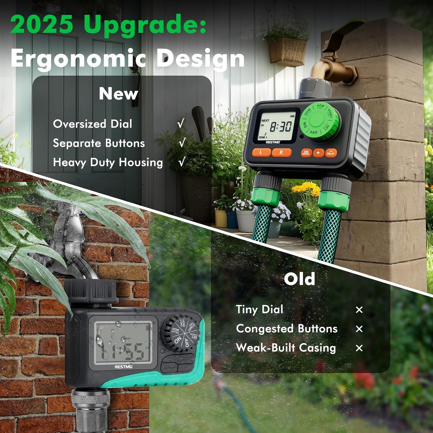 RESTMO 2 Zone Sprinkler Timer, Programmable Water Timer for Garden Hose, Automatic Control | Manual ON/Off | Rain Delay for Outdoor Faucet, Drip Irrigation and Lawn Watering System