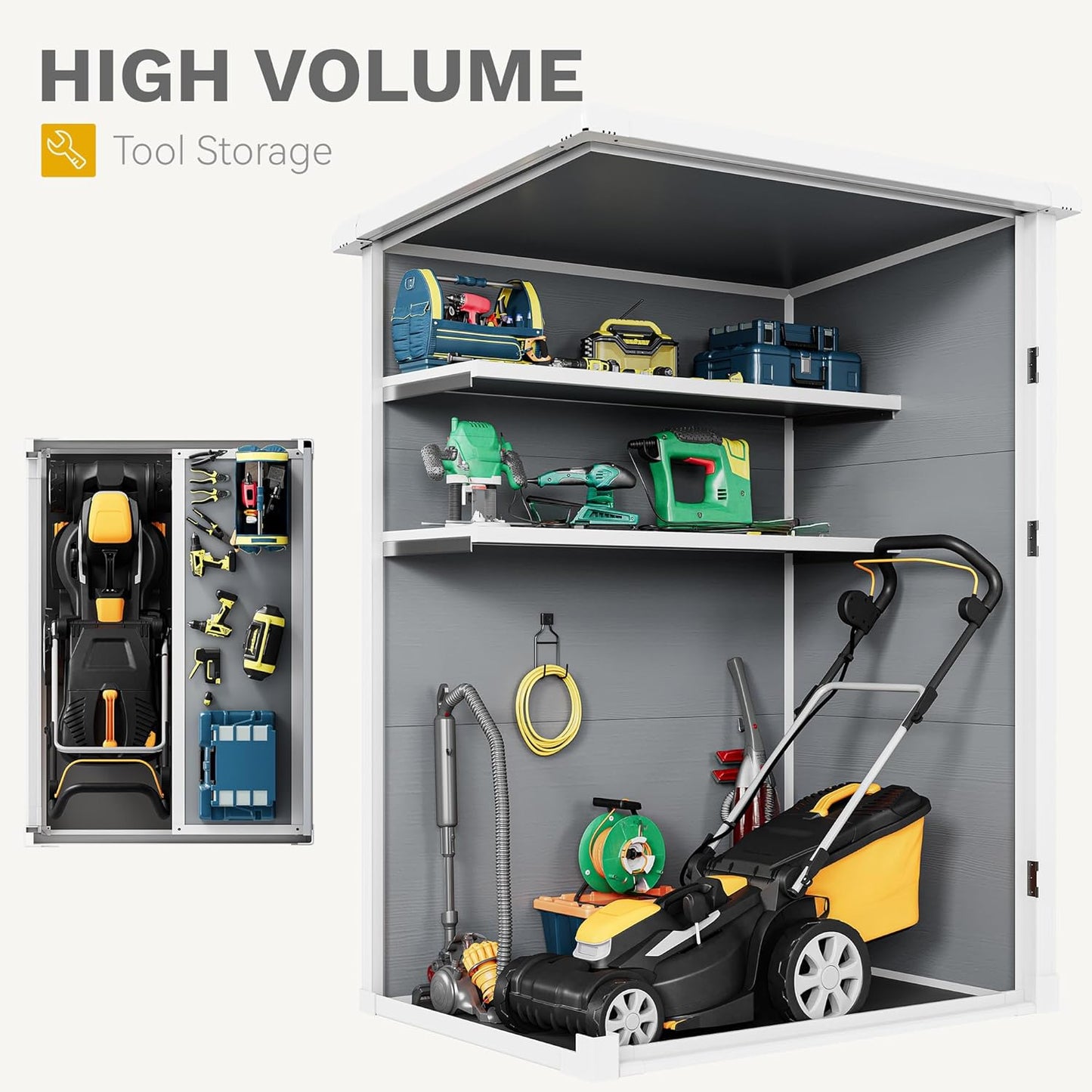 DWVO Outdoor Vertical Storage Shed with 2 Shelves, 60 Cu Ft Waterproof Resin Garden Shed with Floor & Lockable Door, Plastic Tall Tool Cabinet for Garbage Cans, Lawn Equipment, Garden Supplies (Gray)