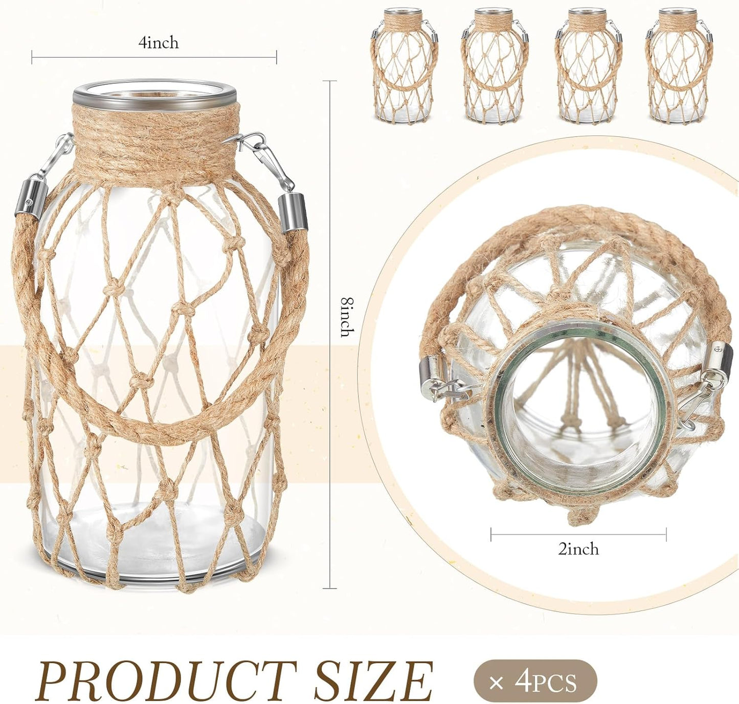 Set of 4 Rope Net Dry Flower Glass Vase 7.9 x 4 Inches Wicker Farmhouse Vase Coastal Decor for Wedding Tables Home Rustic Hanging Mason Jar Rope Wrapping Decorative Bottles Nautical Decor