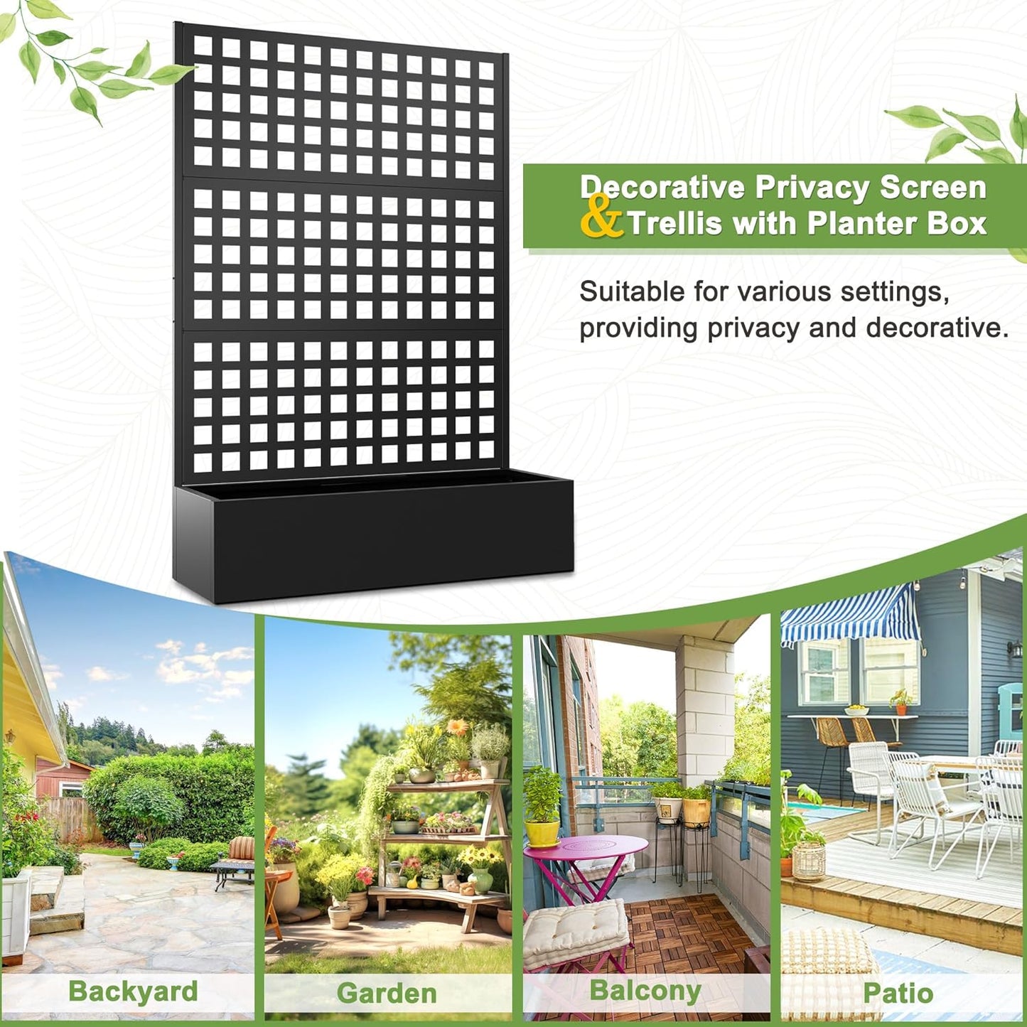 FENCY Metal Raised Garden Bed with Trellis, Metal Planter Box with Trellis, Garden Box for Climbing Plants Vegetable, 47''Lx16''Wx71''H Garden Bed with Drainage Holes(Black)