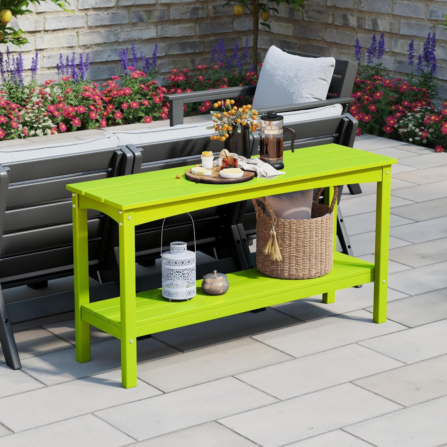 WestinTrends Malibu 55" Outdoor Patio HDPE Adirondack 2-Tier Shelf Console Table, Lime
