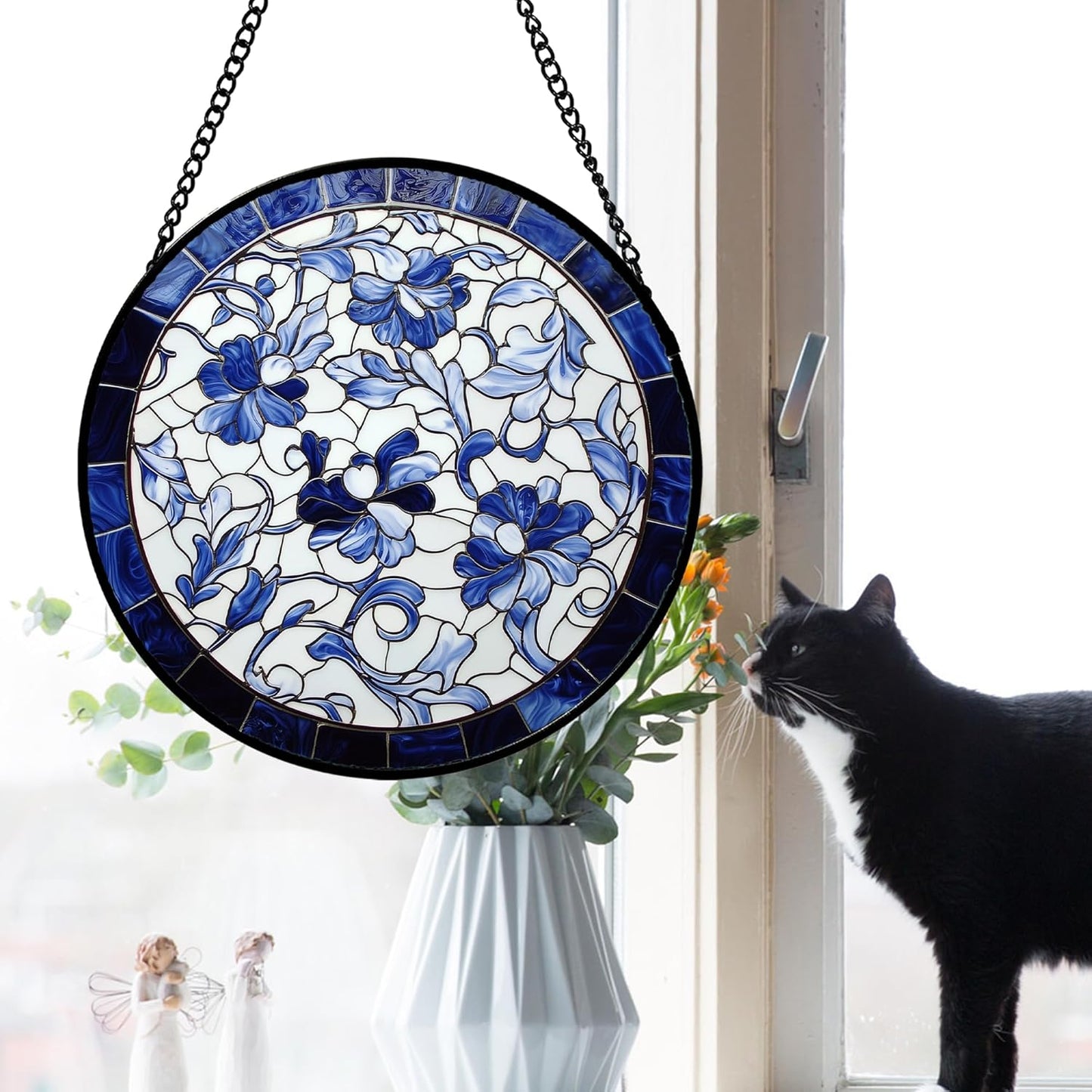 Stained Glass Window Hanging, Blue and White Abstract Flowers Sun Catcher for Door Home Decor Suncatcher Christmas Mother's Day Birthday Gifts for Women Men Mom and Nana 11.8 in