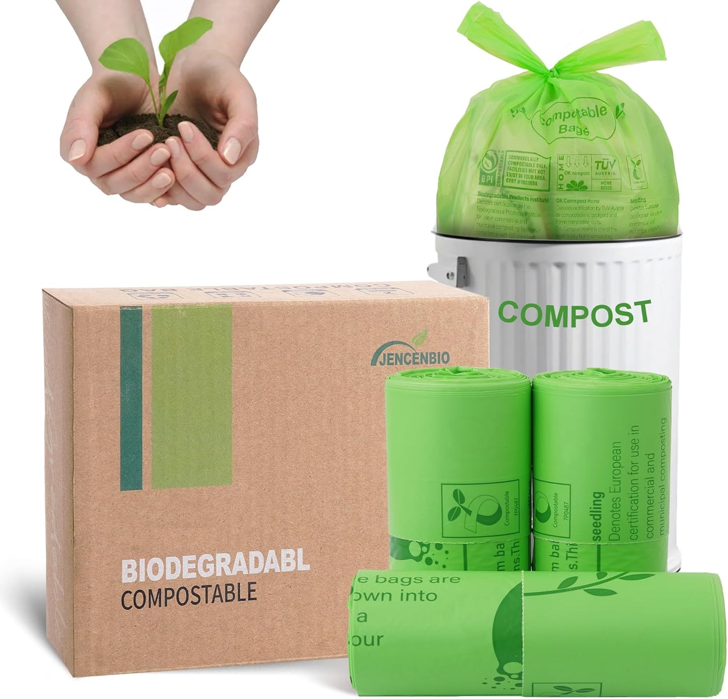 Compost Bags 4-5 Gallon with Handles Tie Extra Thick 0.78 Mils Wastebasket Liners Bags for Kitchen Bathroom Office US BPI ASTM D6400 and Europe OK Compost Home Certified