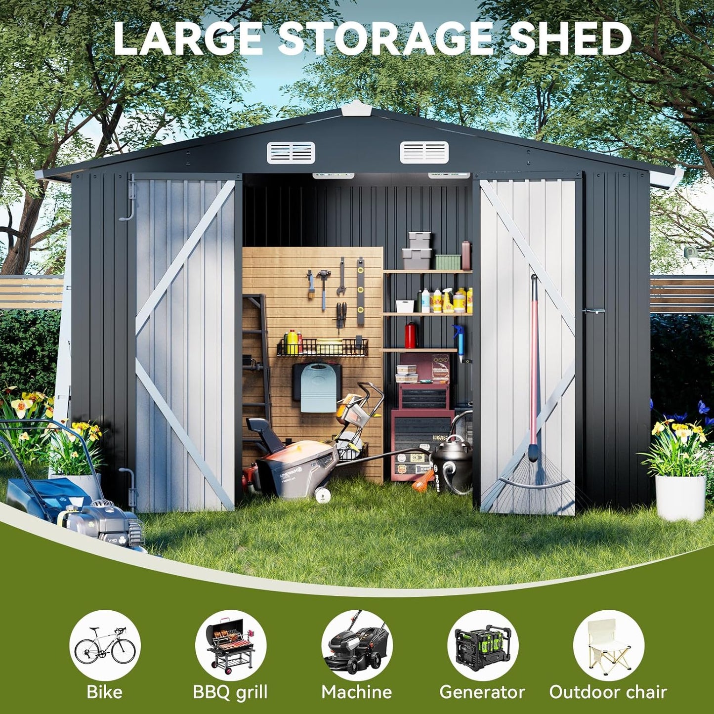 COMHOMA Shed Outdoor Storage Shed Metal,Lockable Doors Tool Sheds with Sloping Roof,Steel Garden Shed with Air Vent for Backyard,Patio,Lawn,Poolside (Grey, 10'*10')