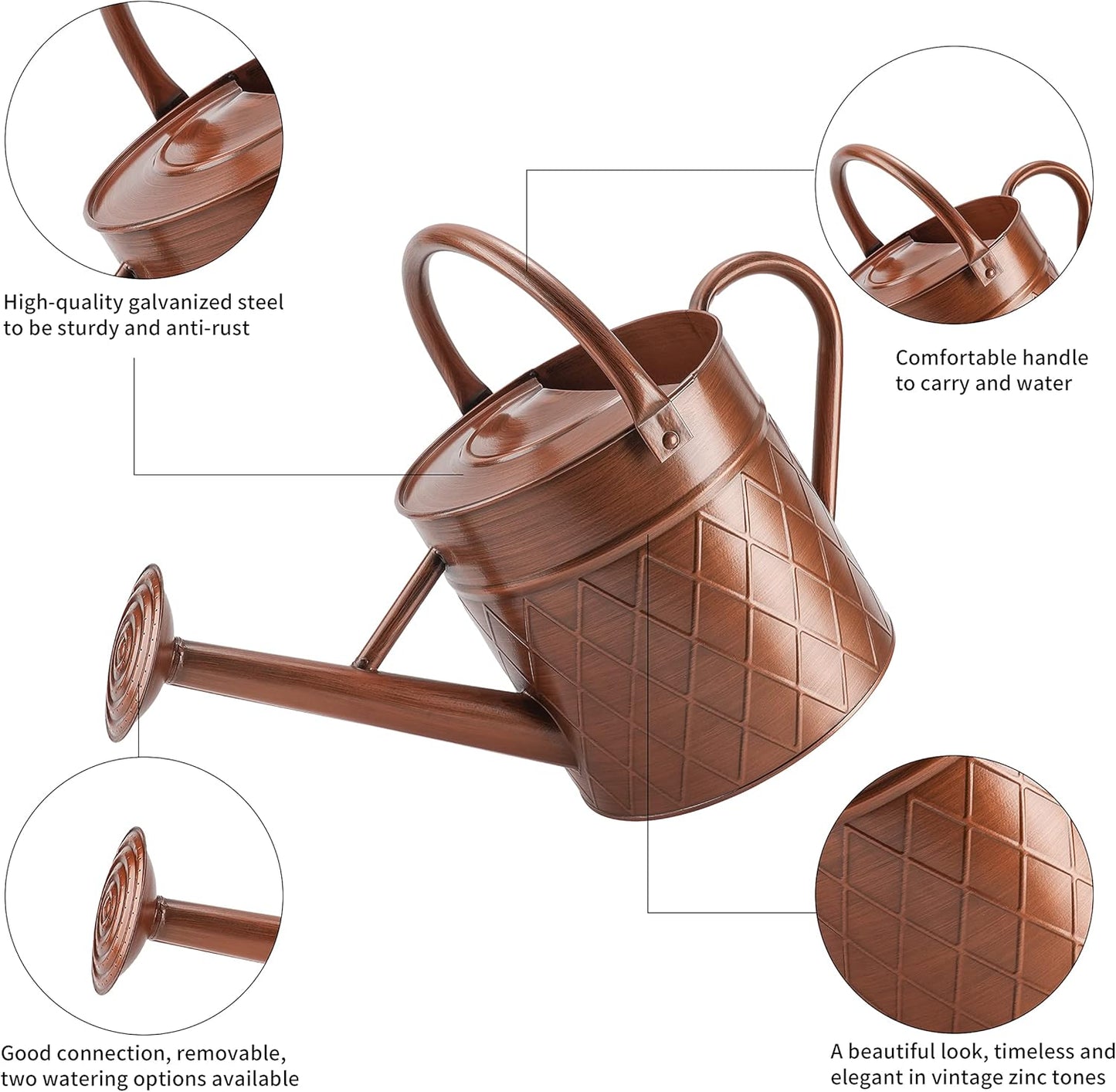 1.75 Gallon Outdoor Metal Watering Can for Garden Plants,Copper Color Watering Can with Removable Spray Spout, Ideal for Outdoor Use (Copper)