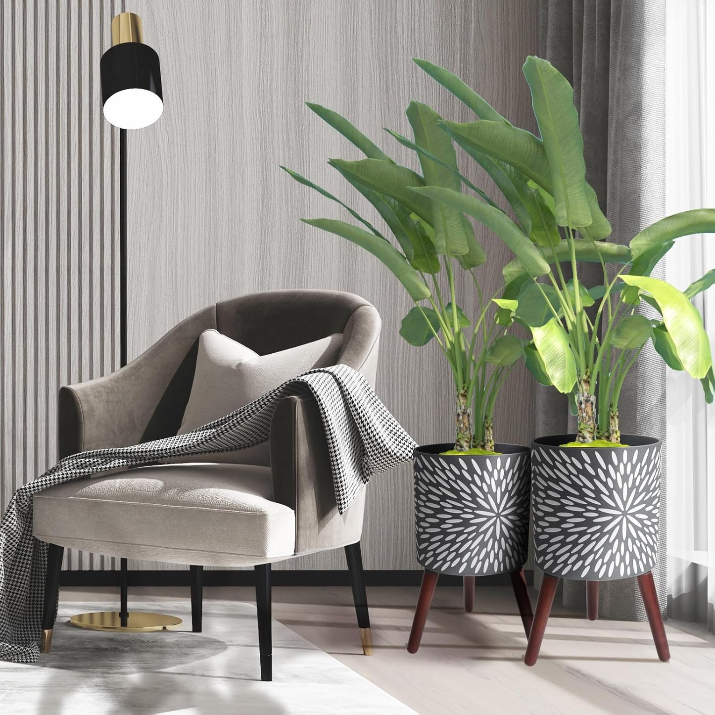 10 & 12 Inches Plant Pot with Stand Set of 2, Large Matte Gray Modern Planters for Indoor Outdoor Plants with Drainage Holes, Big Flower Pots with Wood Legs