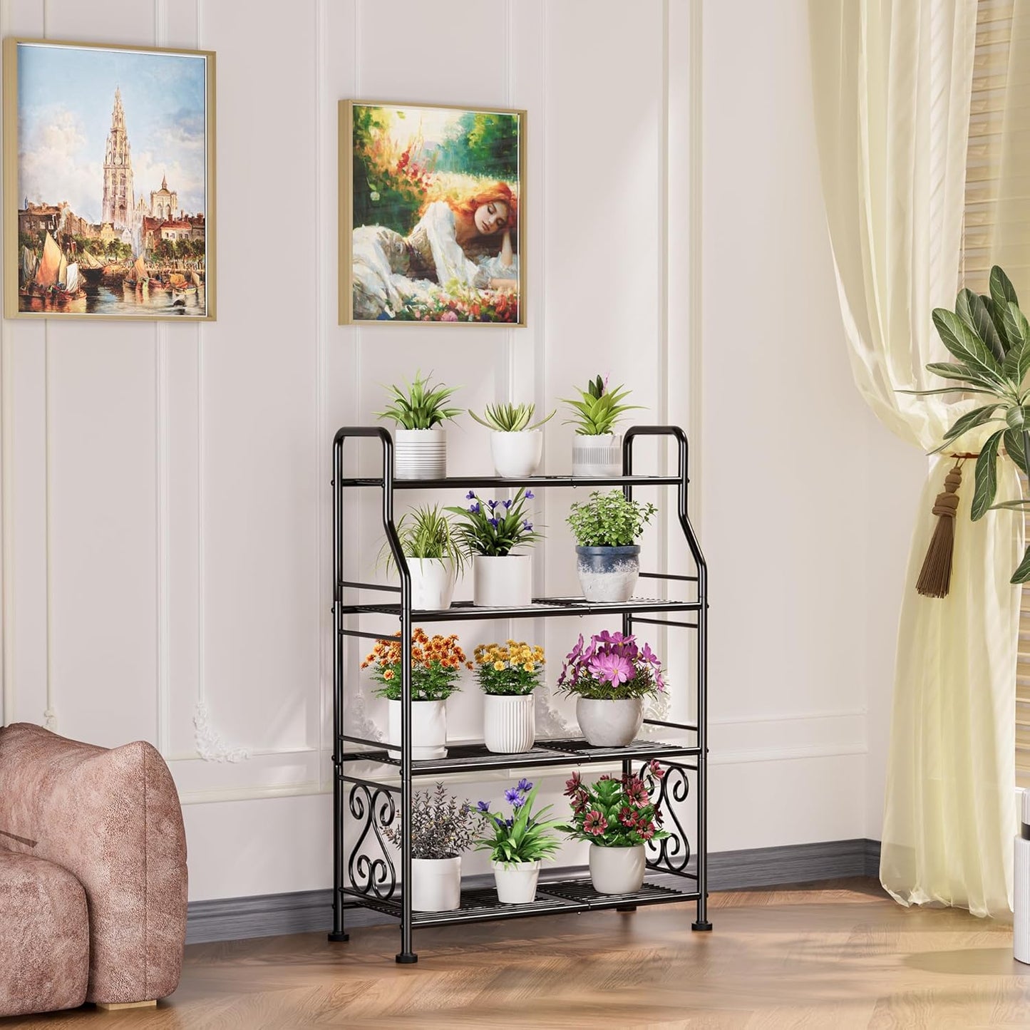 GIOTORENT Plant Stand Outdoor Indoor 4 Tier Metal Waterproof - 41.3" Plant Shelf for Patio, Balcony, Living Room, Large Capacity Tiered Plant Rack, Black