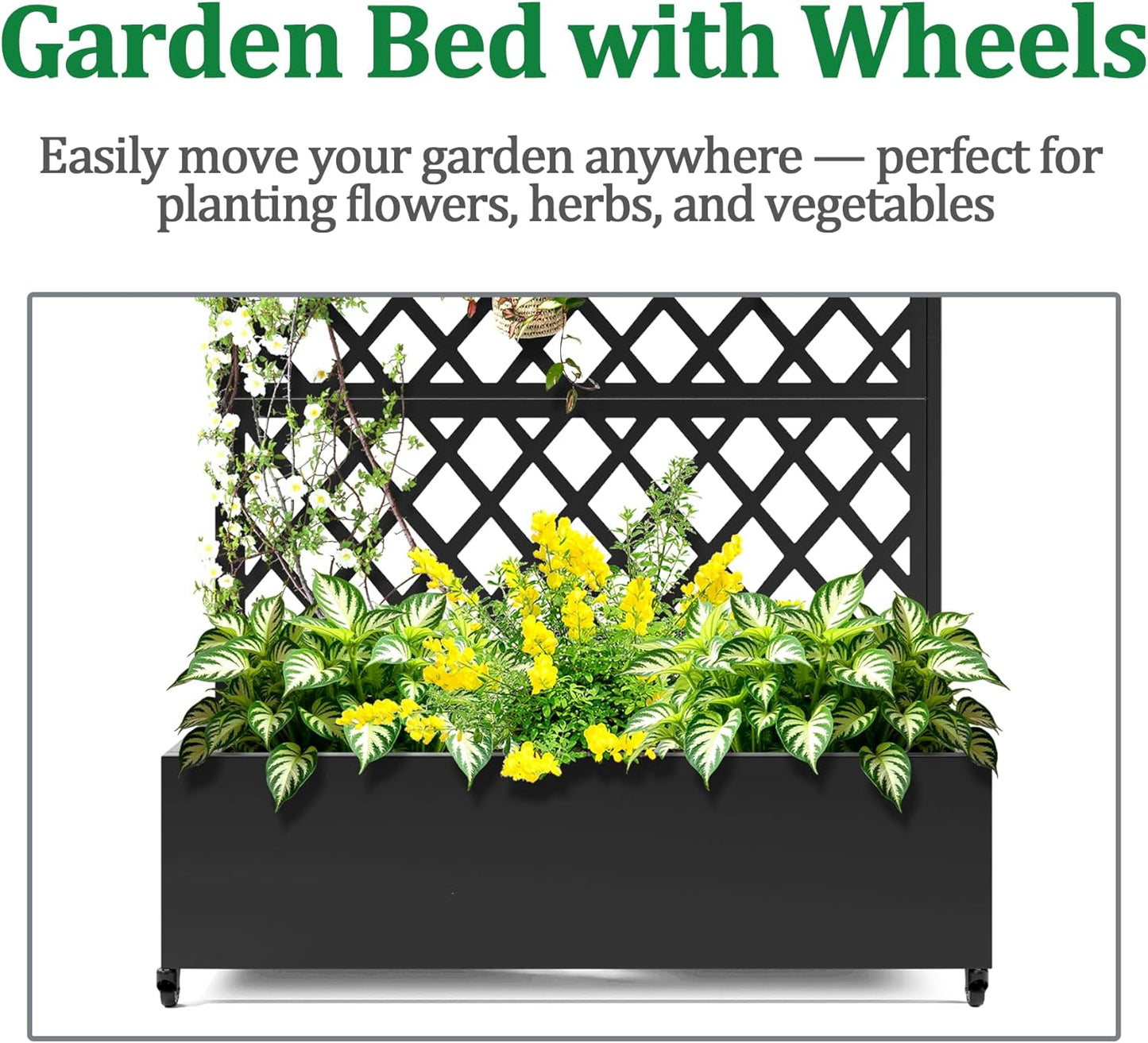 Metal Raised Garden Bed with Trellis and Wheels, 2 in 1 Trellis with Planter Box & Privacy Screen for Climbing Plants, Outdoor Standing Flower Beds with Drainage Holes, 47.2''L×15.7''W×70.9''H, Black