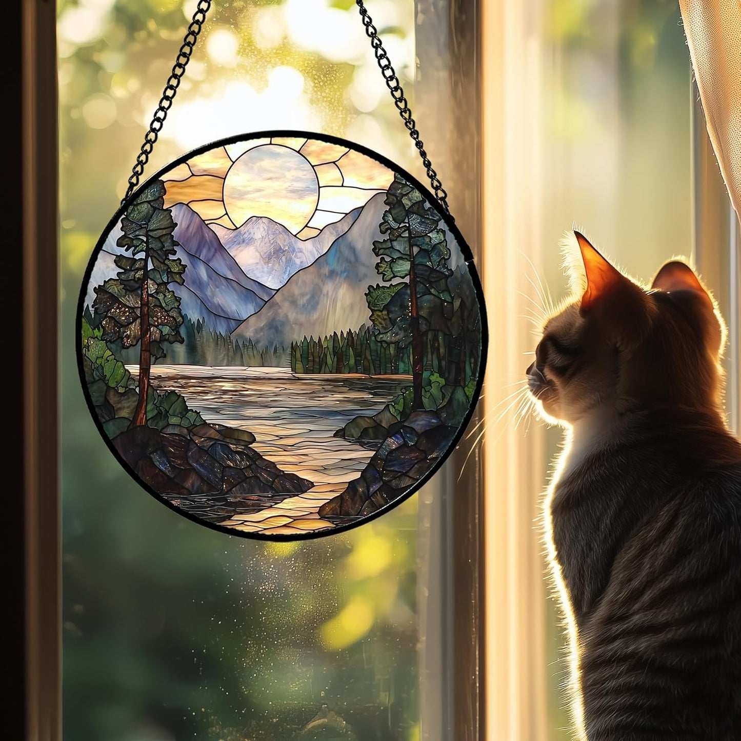 Stained Glass Window Hanging, Sunset Mountains Lake Tree Sun Catcher for Window Home Decor Landscape Suncatcher Mother's Day Birthday Gifts for Women Men Mom and Nana 11.8 in