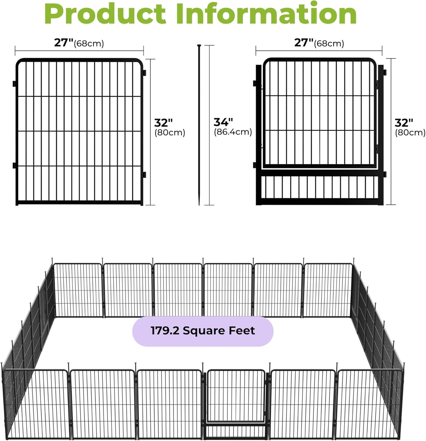 Decorative Garden Fence with Gate 32 in(H) x 53.5 ft(L) 24 Panels, Heavy Duty Metal Animal Barrier Fence for Yard, Flower Bed Fencing, Garden Border Fence, Easy Set Up, Black