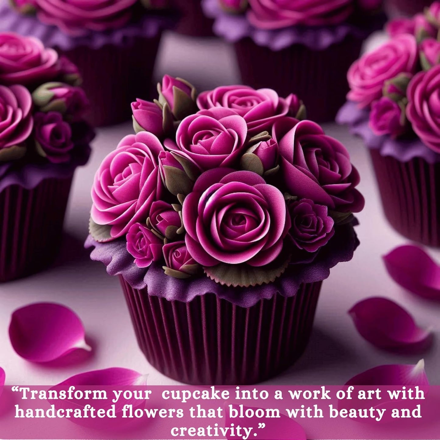 Confect Edible Rose Cake Toppers For Cupcakes & Doughnut Edible Toppers Roses for Cake Decorations - Fuchsia Pink | Vegan, Gluten-Free, Soy-Free, Dairy-Free, Palm Oil-Free -Pack of 12