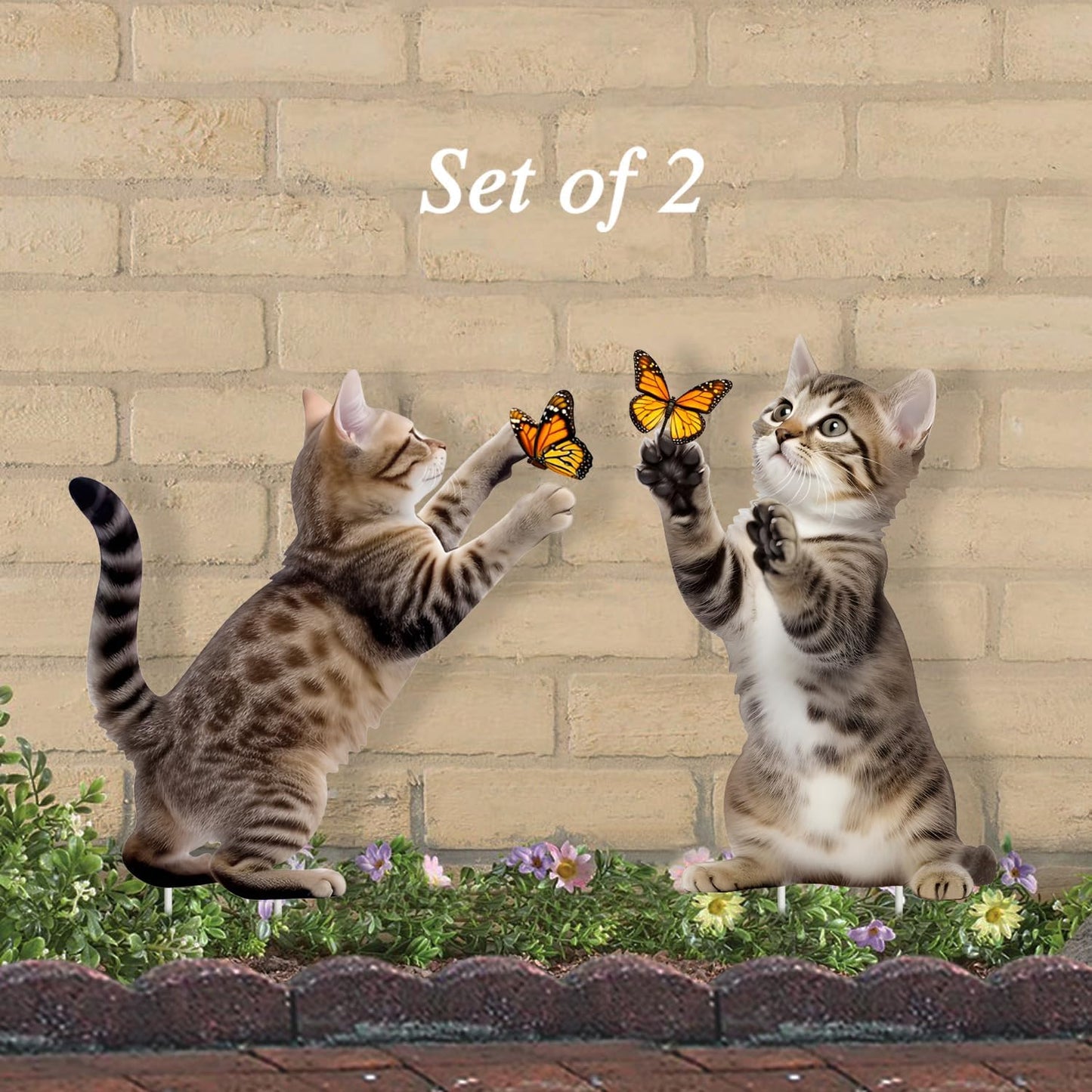 Metal Garden Stakes Decor,Cute Cats Playing with Butterflies Stakes, YGarden Statues Bird Repellent Cat Decorative Garden Stakes for Yard, Garden, Lawn Outdoor Decorations Set of 2