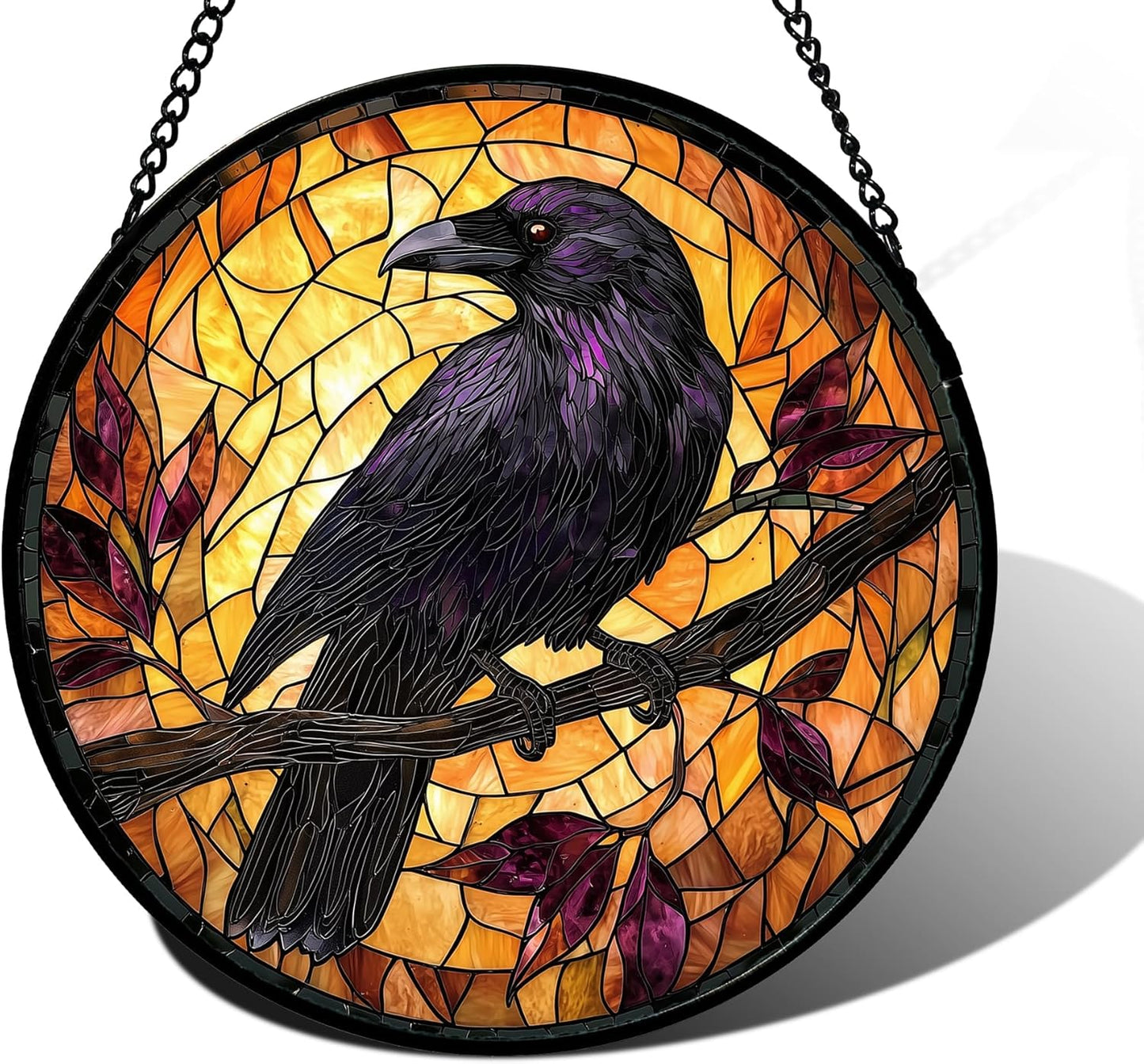 Stained Glass Window Hanging - Crow on a Branch Suncatcher Ready to Hang Window Doors Home Decoration and Christmas, Mother's Day Birthday Gifts for Women, Men, and Mom 7.8x7.8 in
