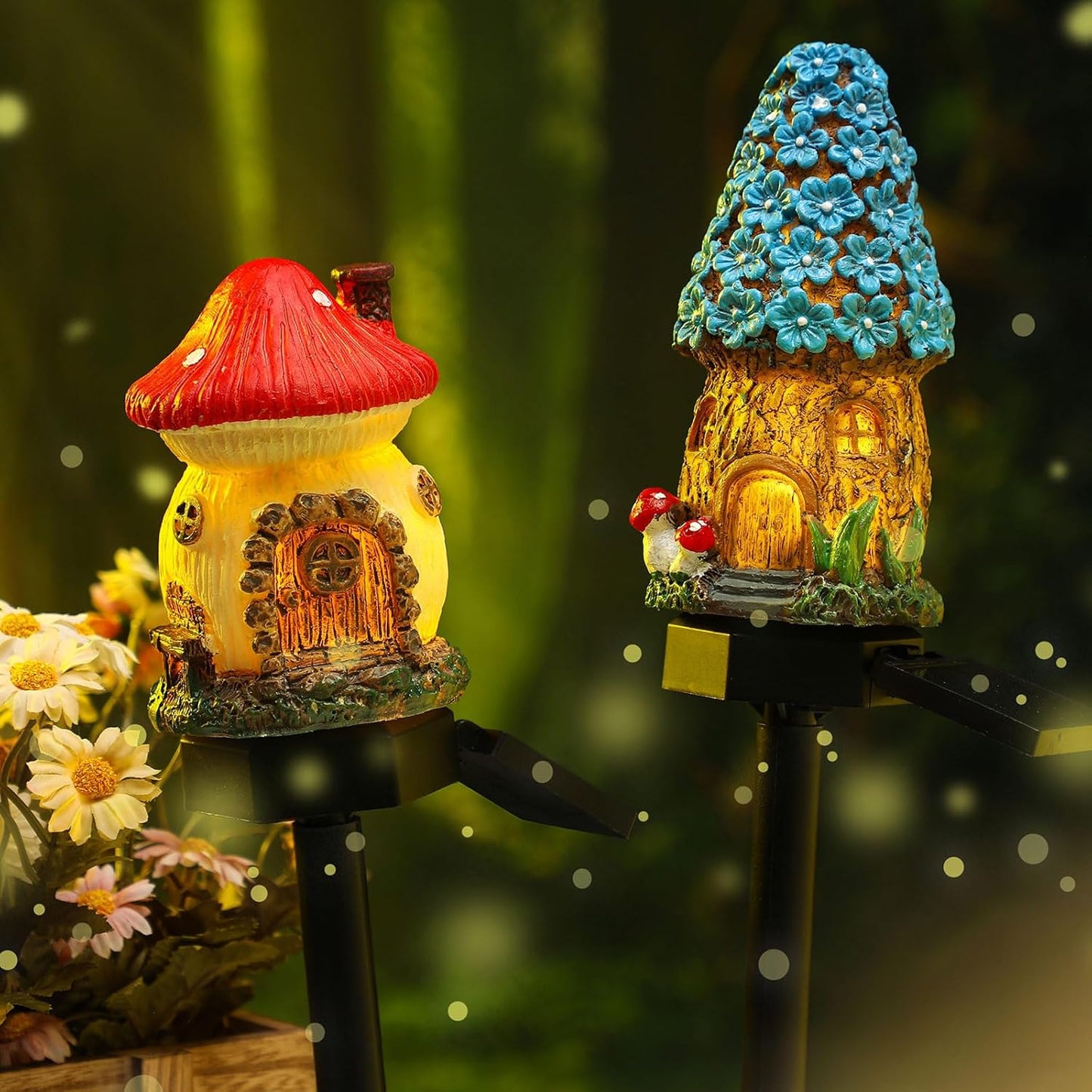 2 Pack Outdoor Garden Mushroom Fairy House Solar Light Home Statue LED Light Fairy Lights for Outside Garden Lawn Walkway Patio Yard Backyard Plant Decoration
