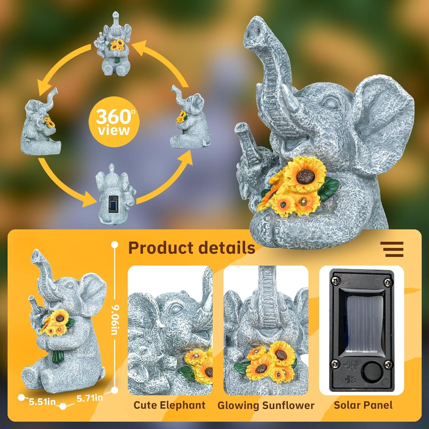 Elephant Gifts for Women, Solor Statue for Garden, Elephant and Sunflower Figurine with Lights, Outdoor Decorations for Yard Lawn Patio, Gifts for Mom Grandma Mother in Law Gardener Mother'Day