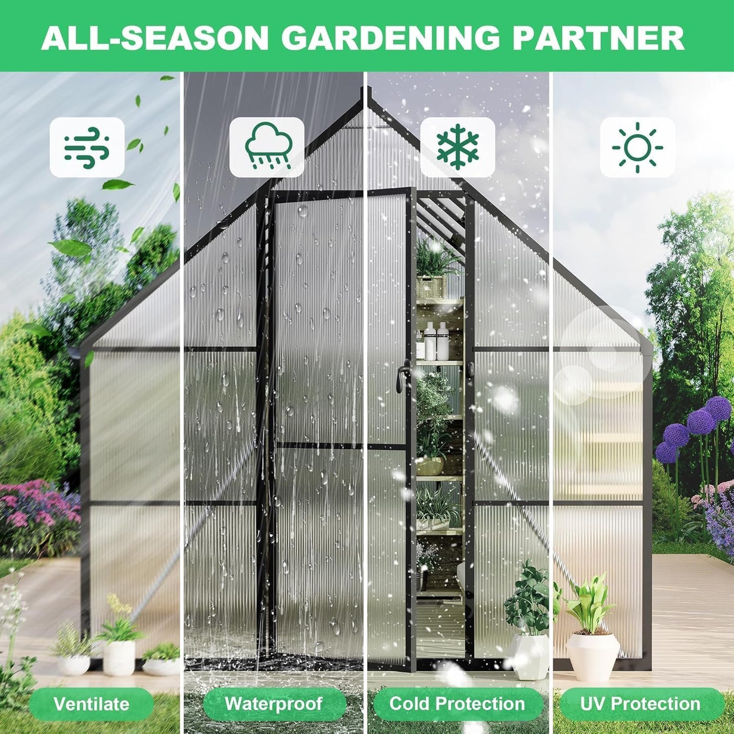 Greenhouse 6x9 FT Aluminum-Framed Heavy Duty Polycarbonate with Quick Setup Structure and Roof Vent Large Enhanced Outdoors Green House Kit