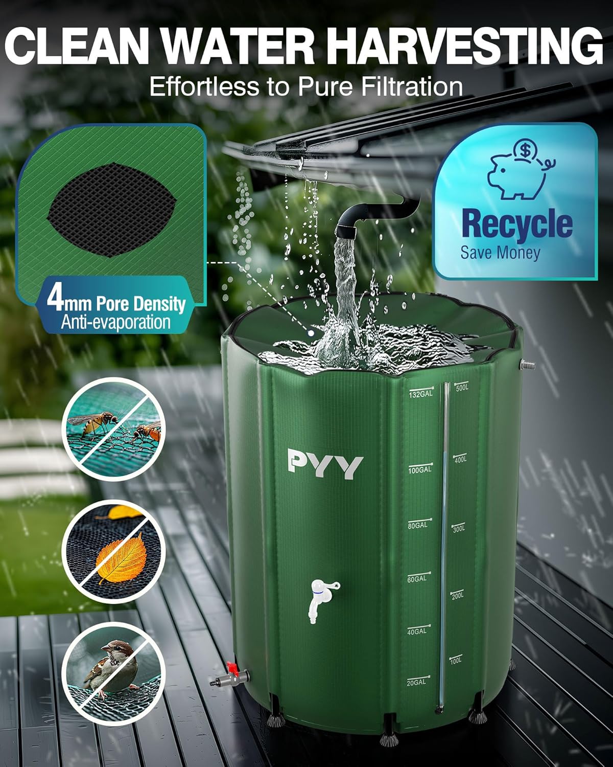 PYY Rain Water Collection Barrel - 132 Gallon Green Water Storage Tank with Spigots, Hose and Portable Bucket, Large Plastic Collapsible Rain Catcher Catchment System to Collect Rainwater from Gutter