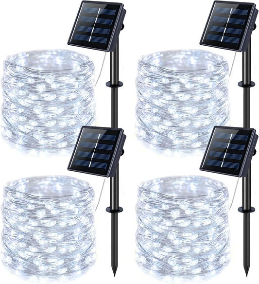 JMEXSUSS 4 Pack 100 LED Solar String Lights for Outside, 33ft White Solar Fairy Lights Outdoor Waterproof, 8 Modes Solar Christmas Lights for Garden Yard Tree Wedding Decorations