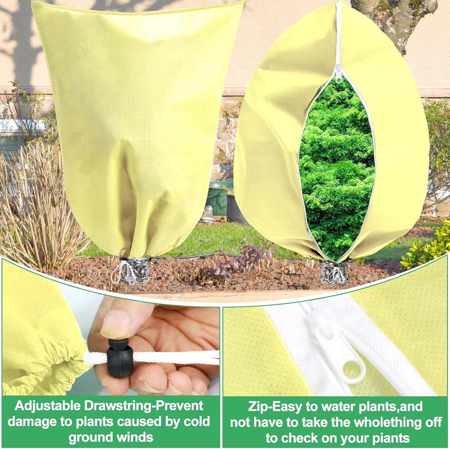 2 Pack Winter Plant Covers Freeze Protection, 47.2" X 70.8" Frost Cloths for Outdoor Plants with Zipper Drawstring, Tree Covers for Winter Cold Weather Plant Covers Bags Shrubs Trees Jacket