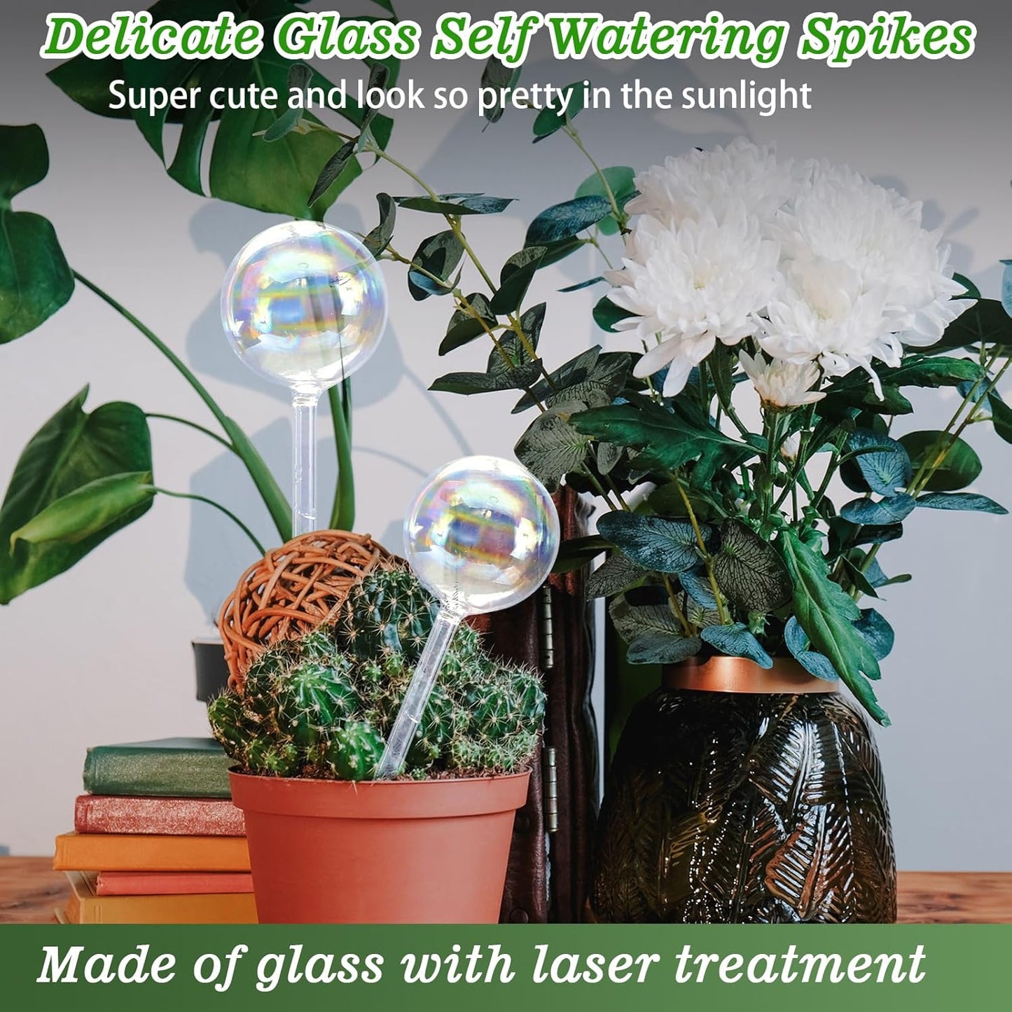 Large Plant Watering Globes, 3PCS Iridescent Rainbow Gradient Color Clear Glass Bulbs Self Watering Spikes Planter Insert, Automatic Plant Waterer Bulbs Devices for All Plants, 9" L * 2.75" D