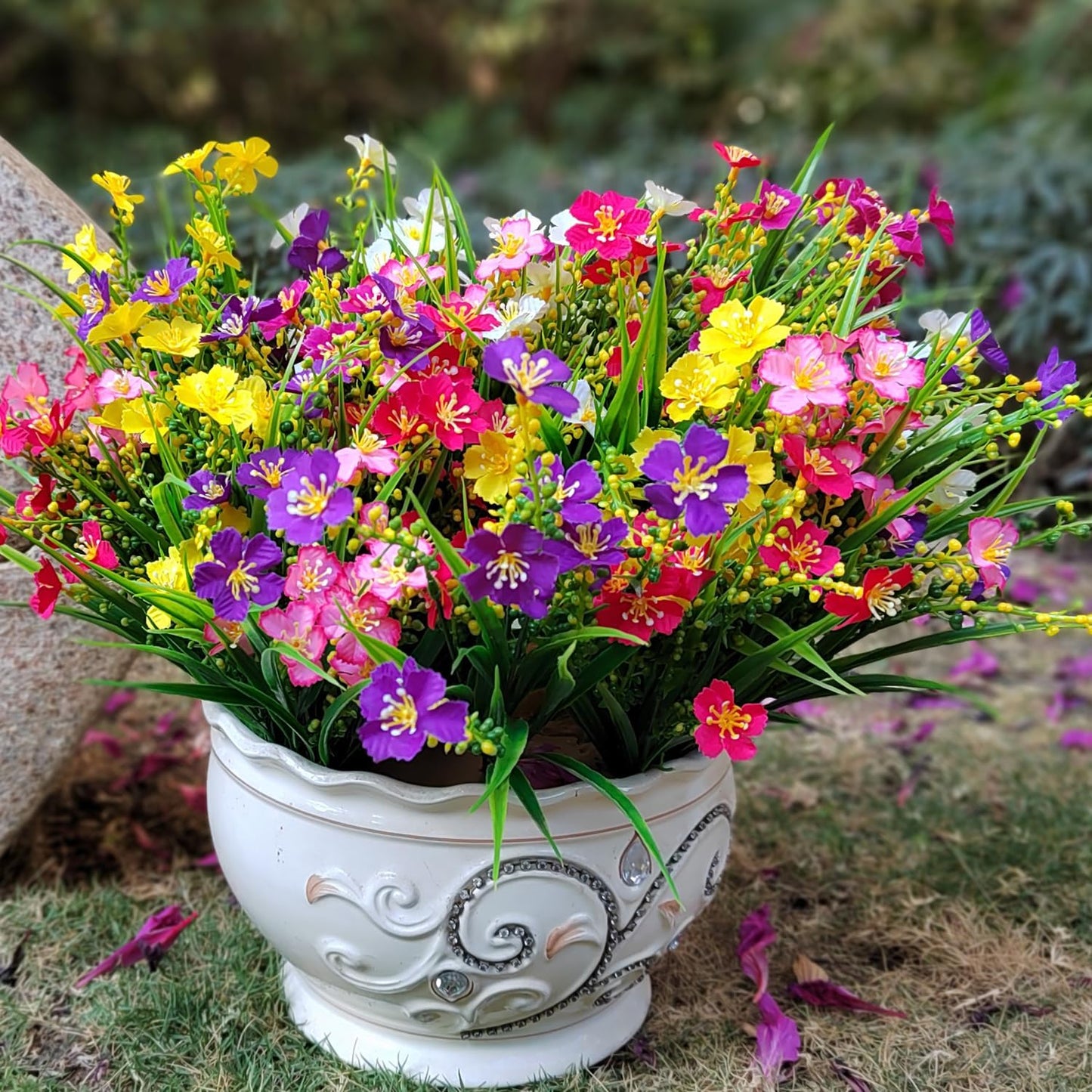 12 Bundles Artificial Flowers Faux Plants Spring Decoration Plastic Plants UV Resistant Shrubs for Home Indoor Outside Garden Window Porch Pots Decoration (Multicolor)