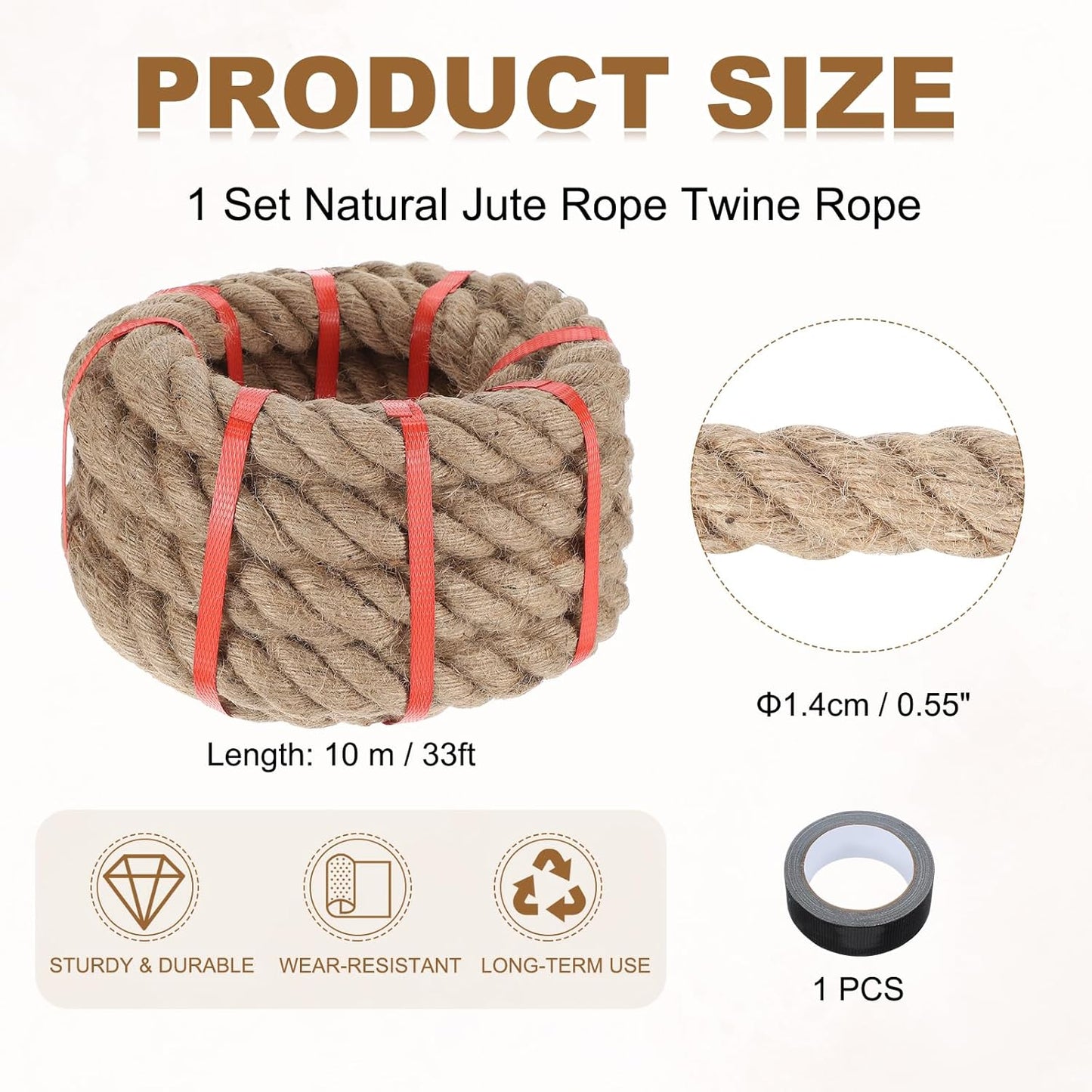 MECCANIXITY Jute Rope 0.55 Inch x 33ft, Thick Twine Rope Ropes Braided Jute Twine Natural Brown Burlap Cord String Heavy Twisted with Tape for Decorative Crafts Railing Swing Tug of War