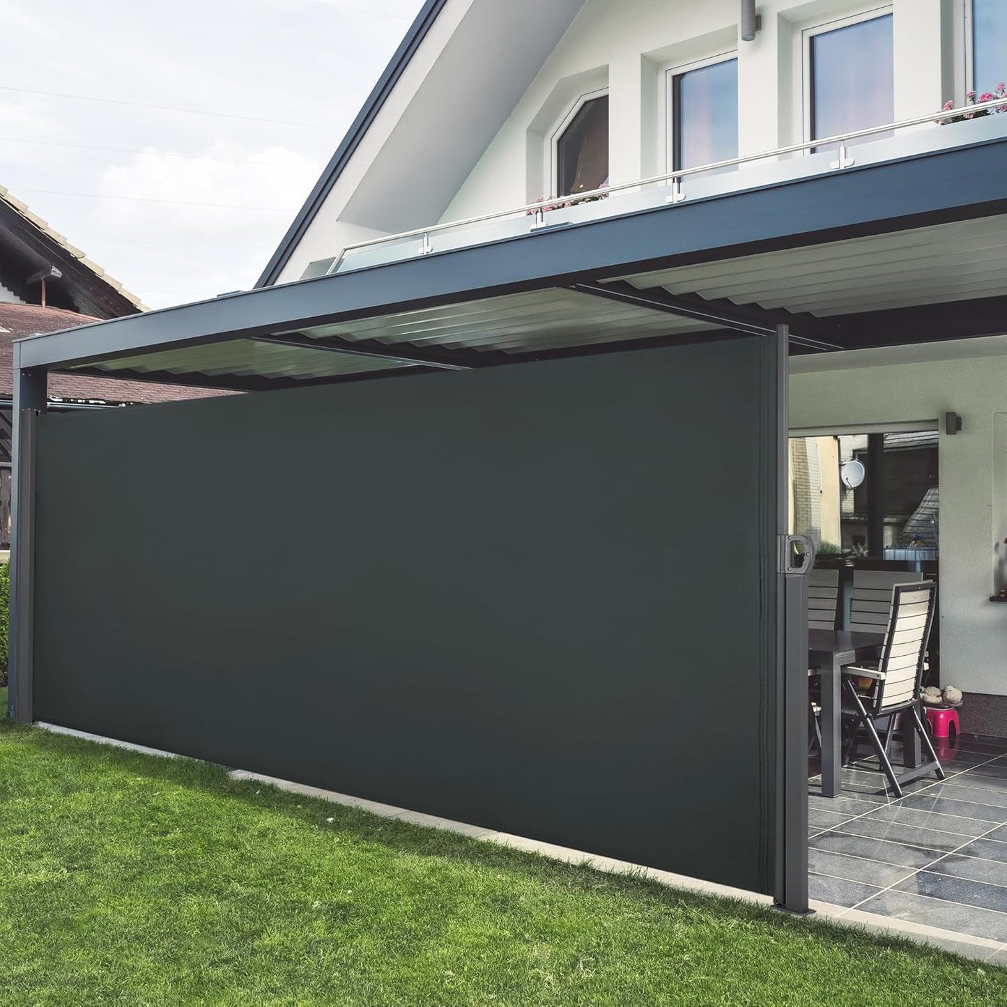 Macrout Retractable Side Awning for Patio & Balcony – Waterproof UV-Resistant Outdoor Privacy Screen, Folding Wind Block for Deck, Porch, Garden (Dark Grey, 138" x 63")