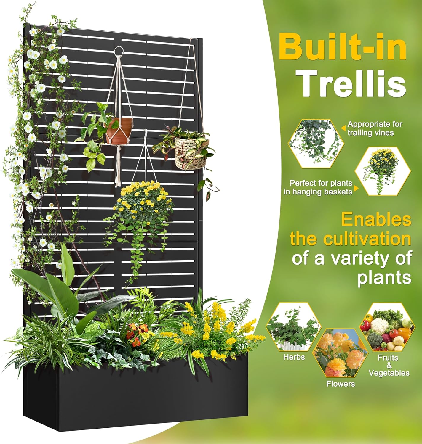 FENCY Metal Raised Garden Bed with Trellis, Metal Planter Box with Trellis, Garden Box for Climbing Plants Vegetable, 35" Lx16 Wx71 H Garden Bed with Drainage Holes(Black-Louvered)