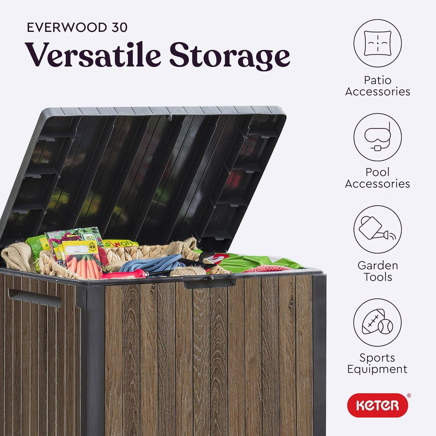 Keter Signature Everwood 30 Gallon Resin Outdoor Storage Box and Patio Furniture Side Table for Pool and Garden Accessories, Walnut