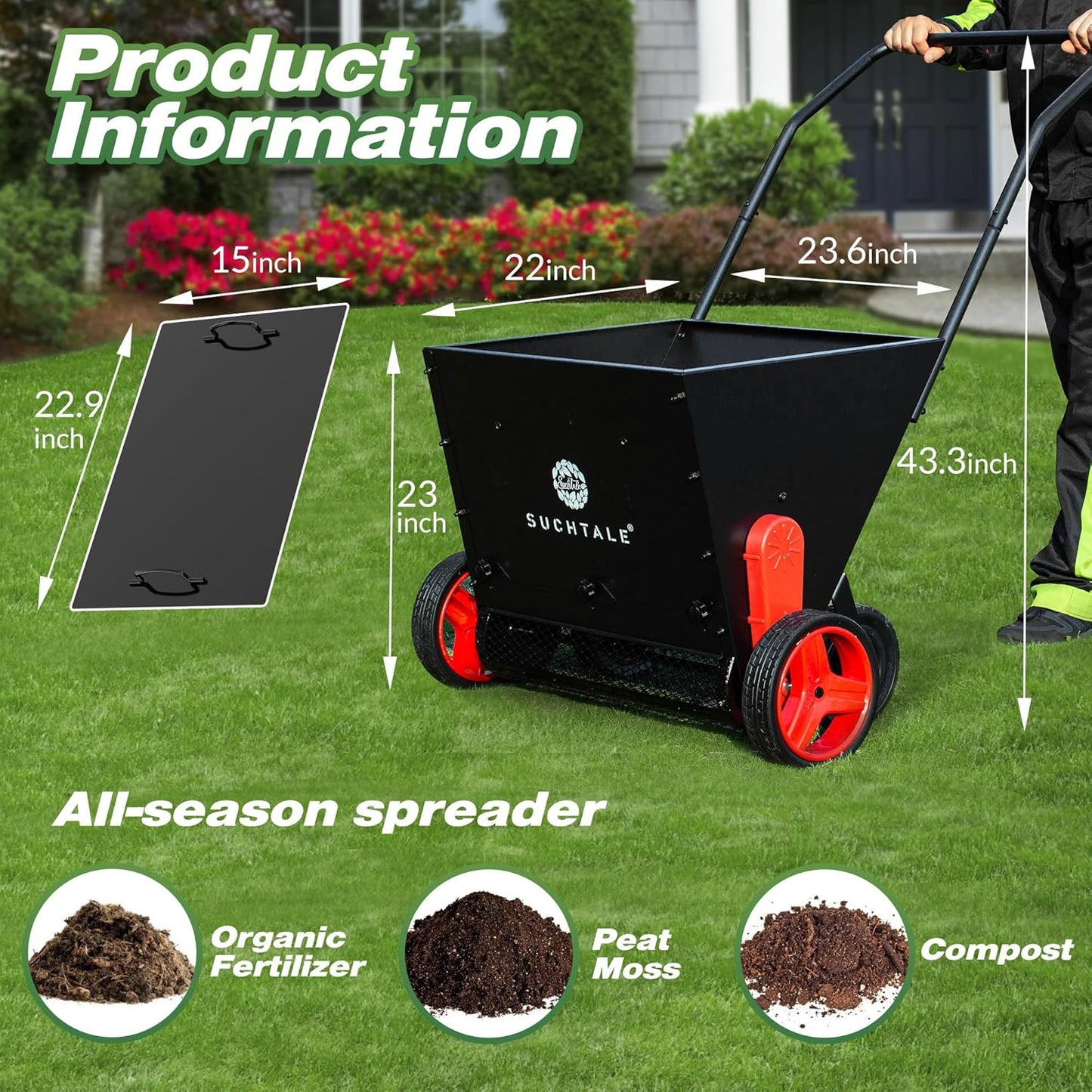 Suchtale Upgrade Push Lawn Spreader for Compost & Peat Moss, Organic Fertilizer Applicator with Rotating Blades, Adjustable Rate Metal Mesh Basket Topdresser