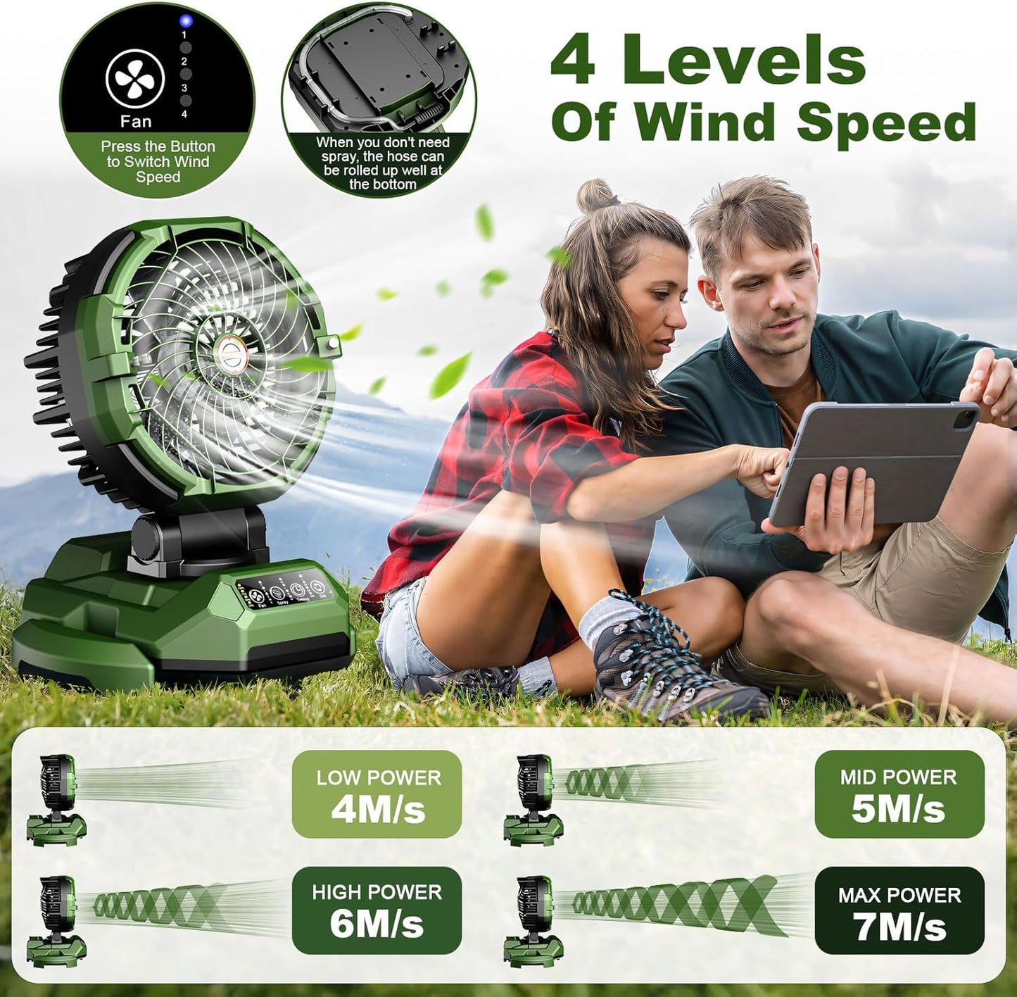 Portable Misting Fan,30000mAh Rechargeable Battery Powered,4 Strong Winds&4 Spray Mister,Floor Cooling Fan for Outdoor,Camping,Patios,Adjustable Base for 10-13in Bucket(No Bucket Included)