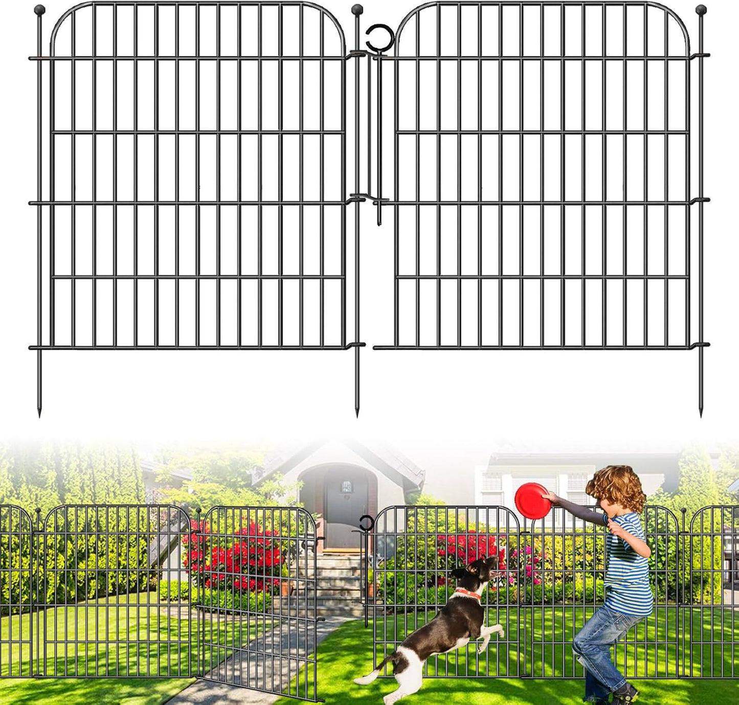 5 Panels No Dig Decorative Garden Fence with Gate, Total 11.8 ft(L) x 32 in(H) Animal Barrier Border for Dog, Rustproof Metal Wire Panel Border for Yard, Temporary Tall Fencing with Ground Stakes