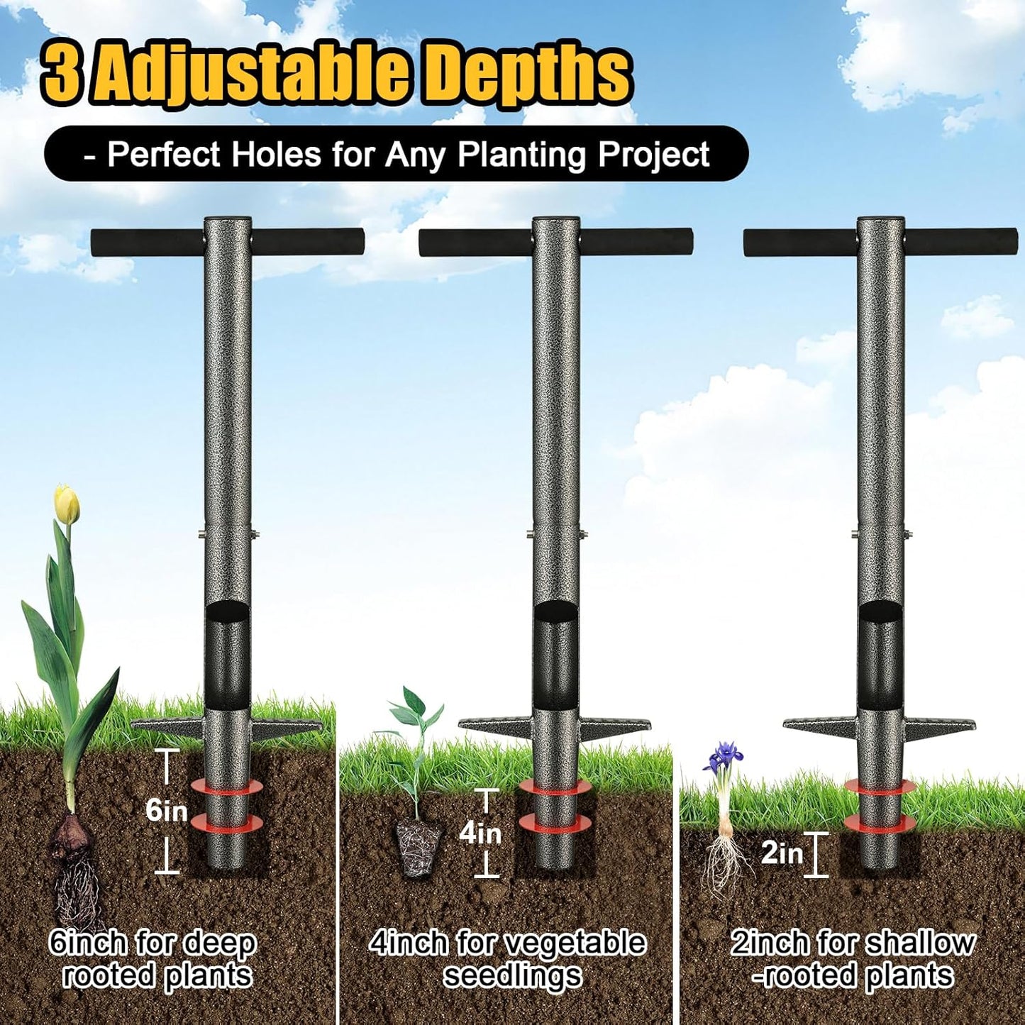 Bulb Planter Tool - 34" Long Handle Sod Plugger Lawn Digger,Auto Plug Eject,Heavy Duty Yard Garden Plant Hole Pluggers for Grass,Tulip Flower ,Soil Transplant Plugging,Turf Repair Transplanting